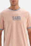 SALMON CREW-NECK PRINTED TOP STRIPED WOVEN BOTTOM PAJAMAS SUIT