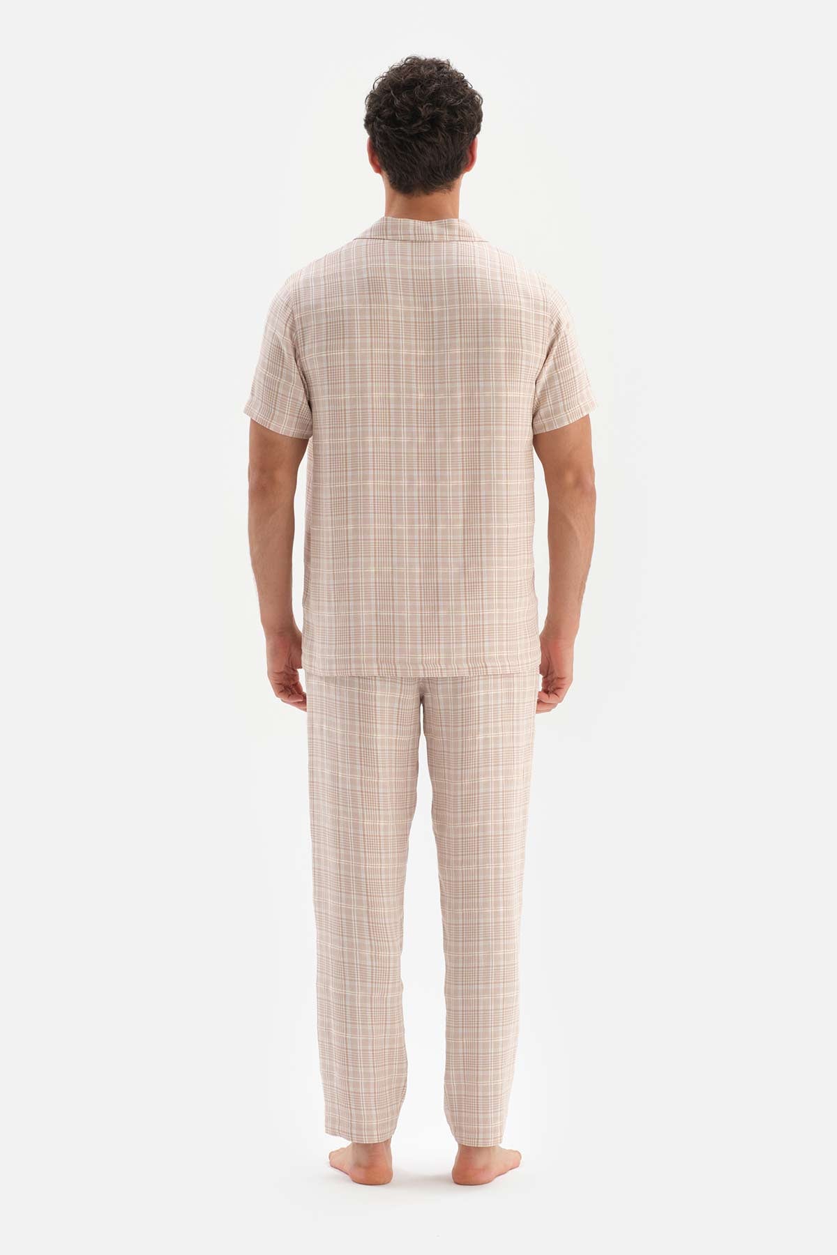 BEIGE SHIRT COLLAR PLAID WOVEN PAJAMAS SUIT