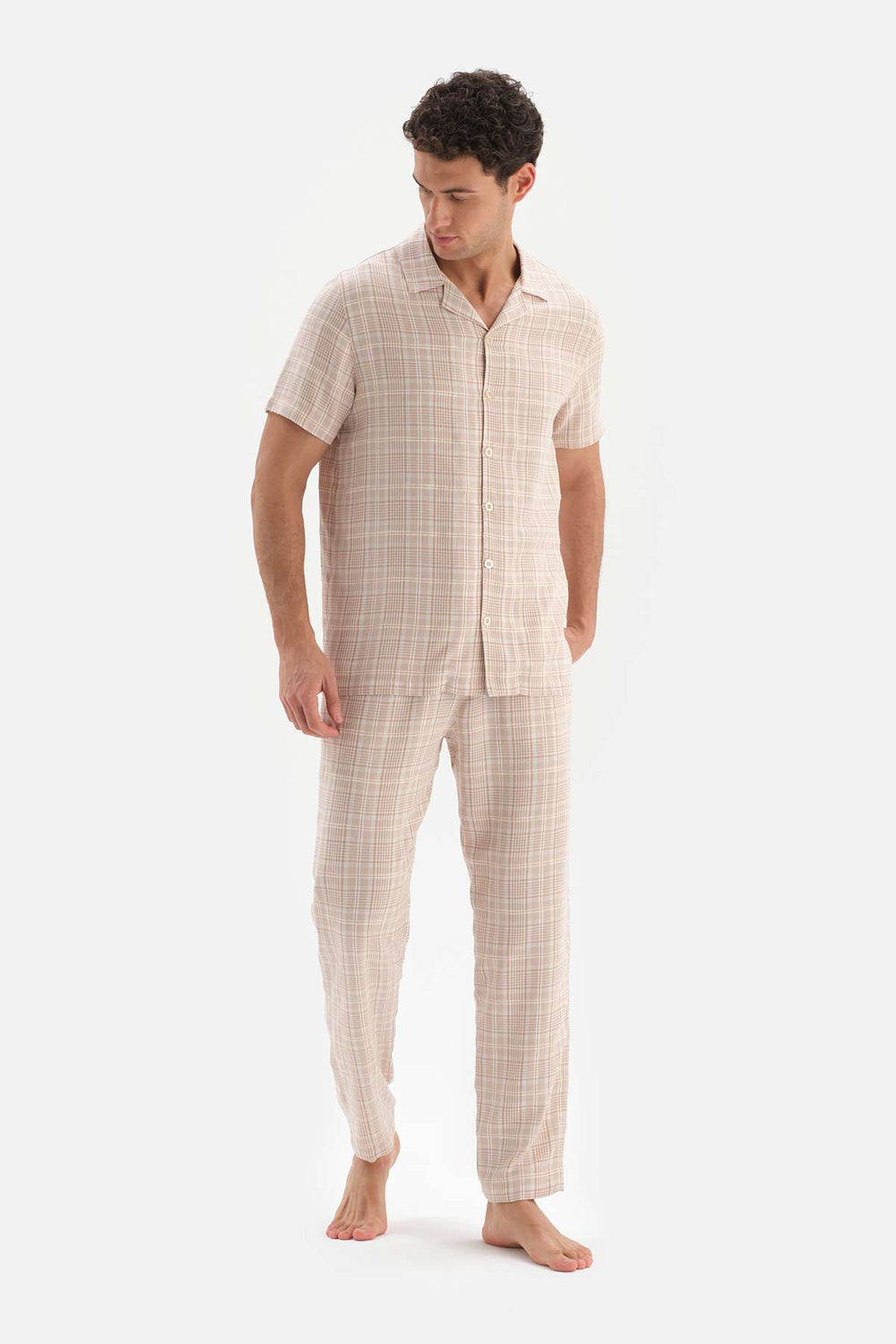BEIGE SHIRT COLLAR PLAID WOVEN PAJAMAS SUIT
