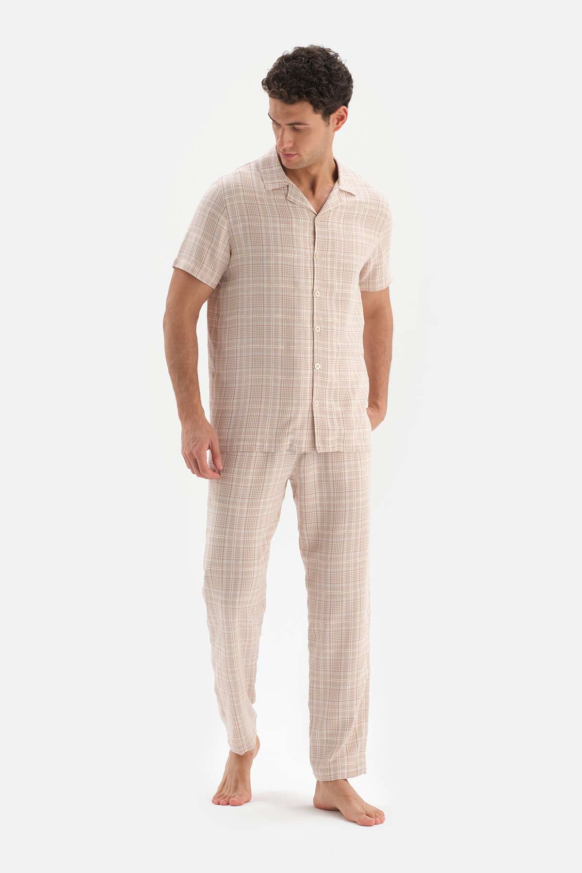 BEIGE SHIRT COLLAR PLAID WOVEN PAJAMAS SUIT