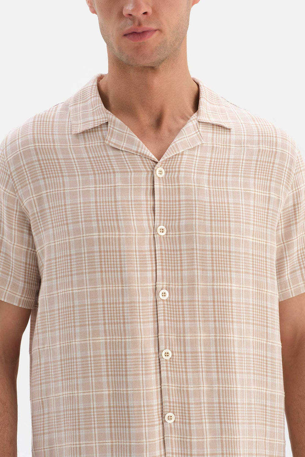 BEIGE SHIRT COLLAR PLAID WOVEN PAJAMAS SUIT
