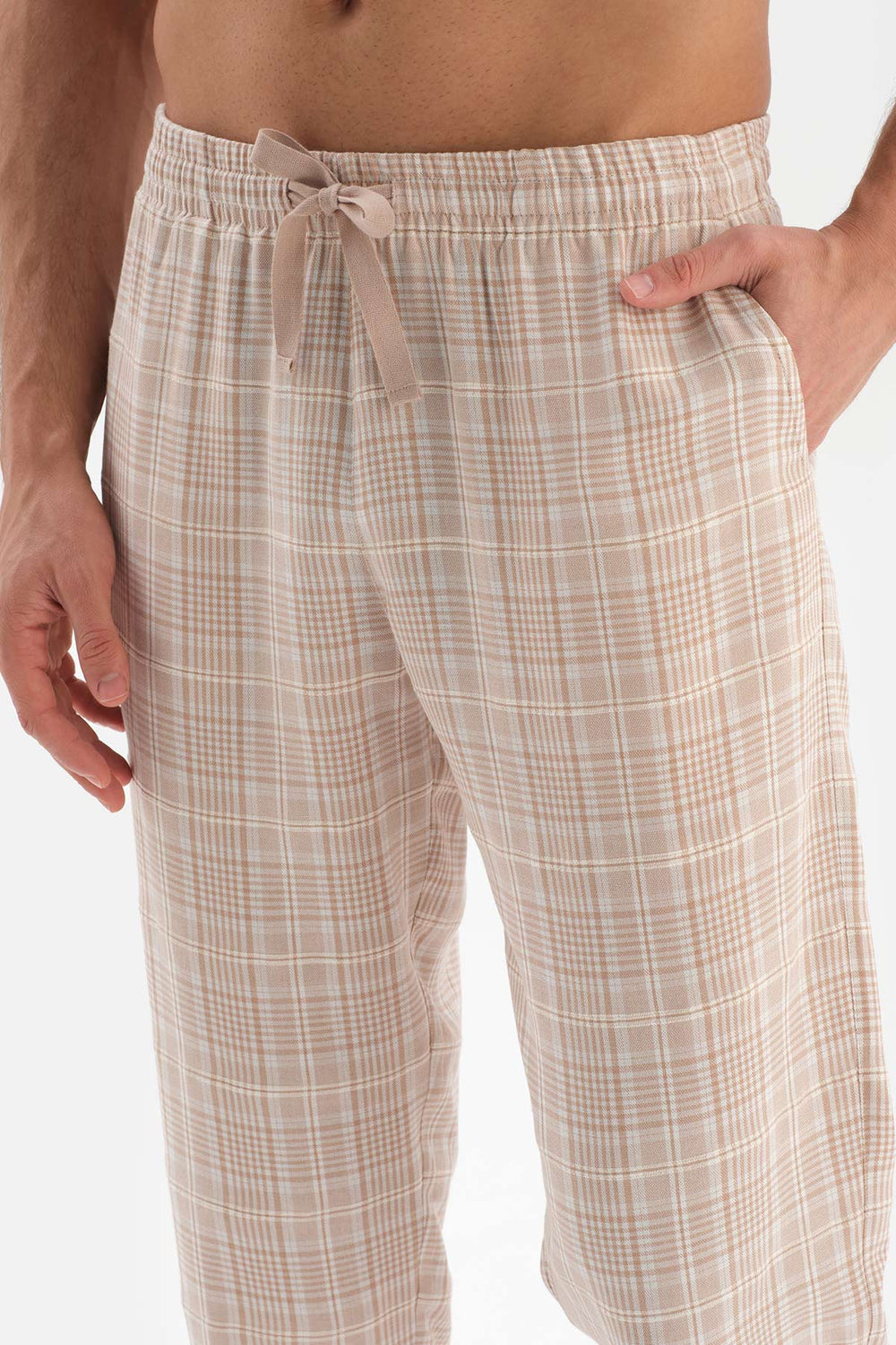 BEIGE SHIRT COLLAR PLAID WOVEN PAJAMAS SUIT
