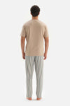 BEIGE HALF-PLOT STRIPED BOTTOM KNITTED PAJAMAS SUIT