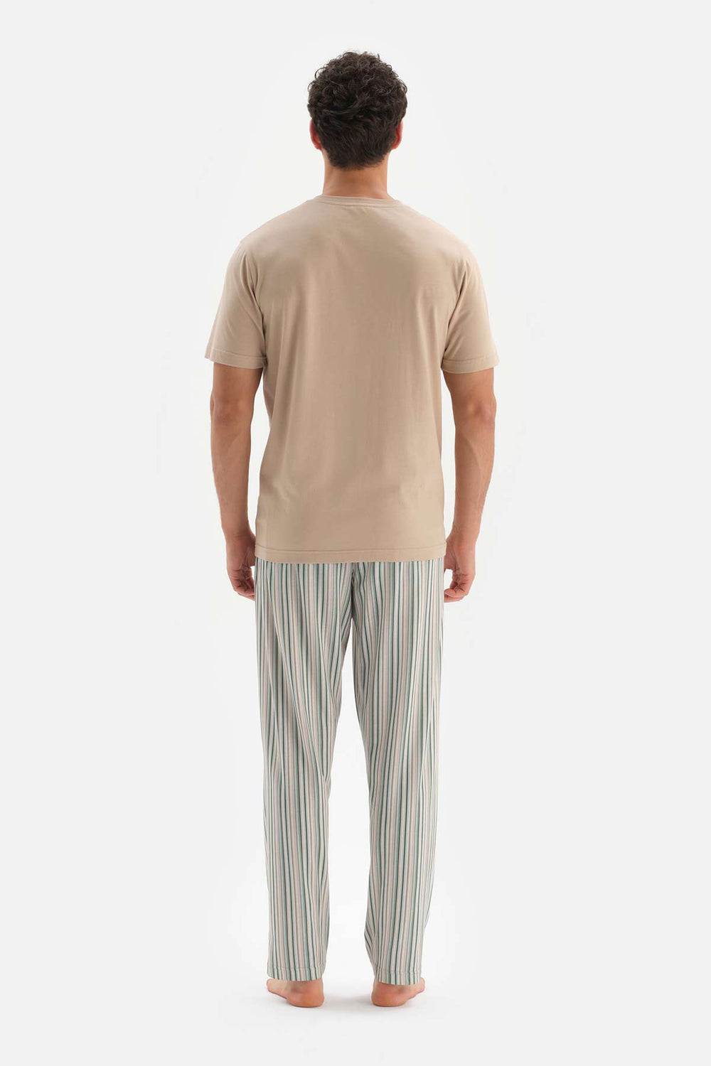 BEIGE HALF-PLOT STRIPED BOTTOM KNITTED PAJAMAS SUIT