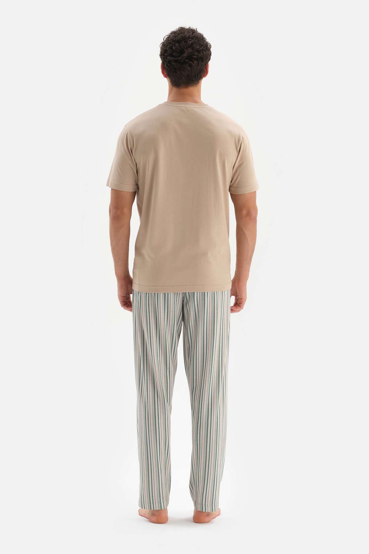 BEIGE HALF-PLOT STRIPED BOTTOM KNITTED PAJAMAS SUIT