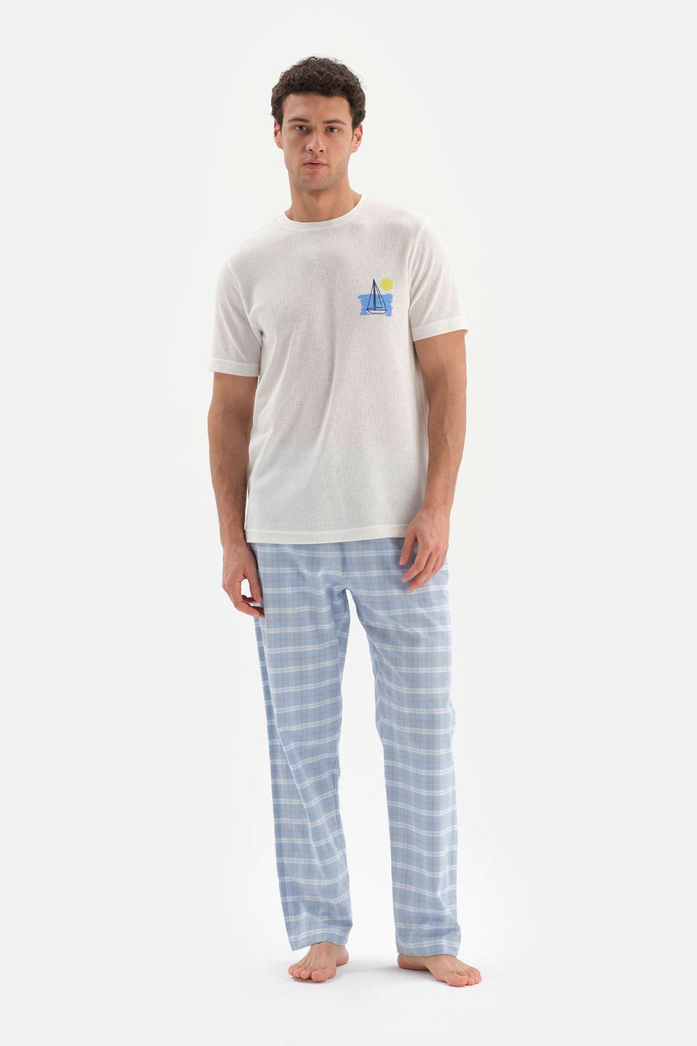 ECRU CREW-NECK SHORT SLEEVE SHORT WOVEN PAJAMAS SUIT