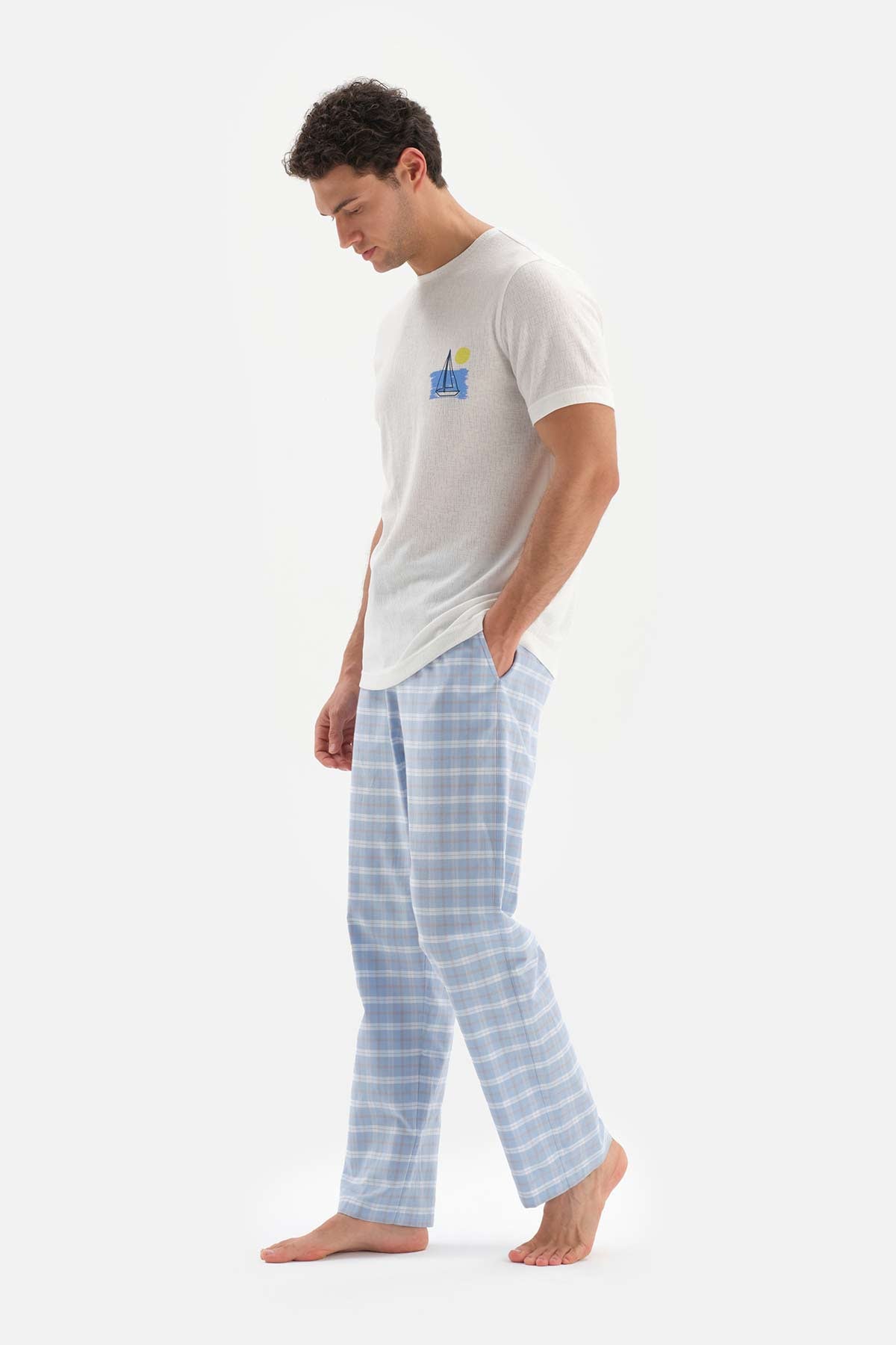 ECRU CREW-NECK SHORT SLEEVE SHORT WOVEN PAJAMAS SUIT