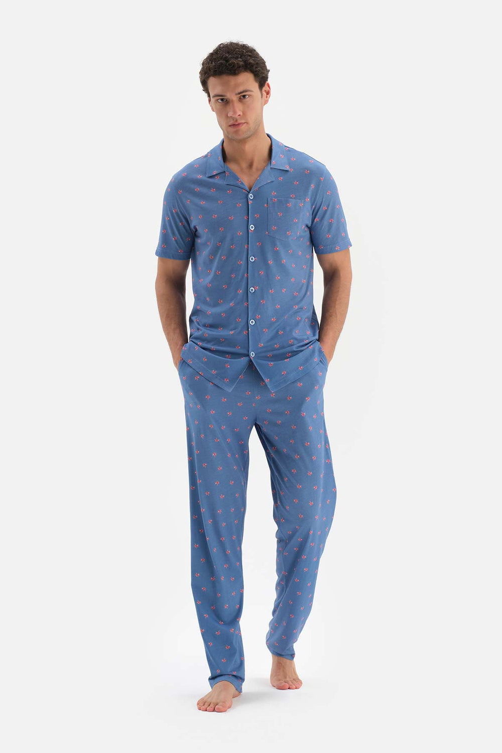 BLUE SHIRT COLLAR MICROPRINT PRINTED PAJAMAS SUIT