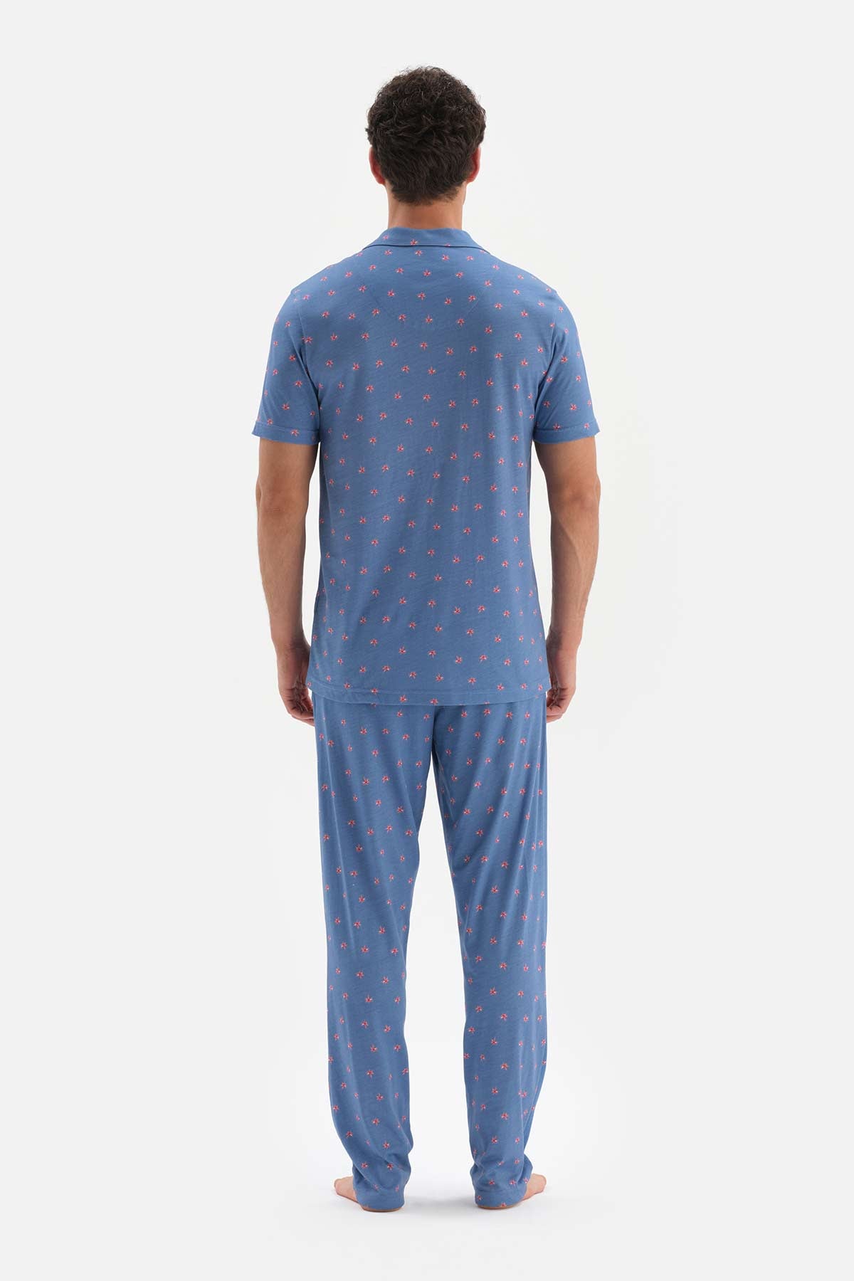 BLUE SHIRT COLLAR MICROPRINT PRINTED PAJAMAS SUIT