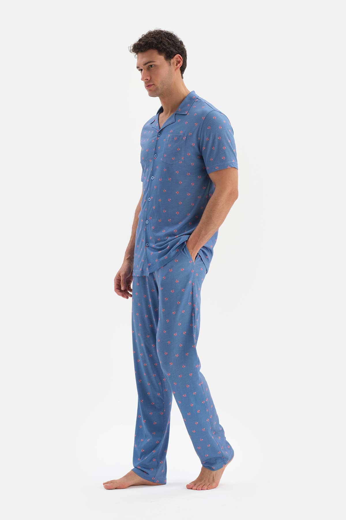 BLUE SHIRT COLLAR MICROPRINT PRINTED PAJAMAS SUIT