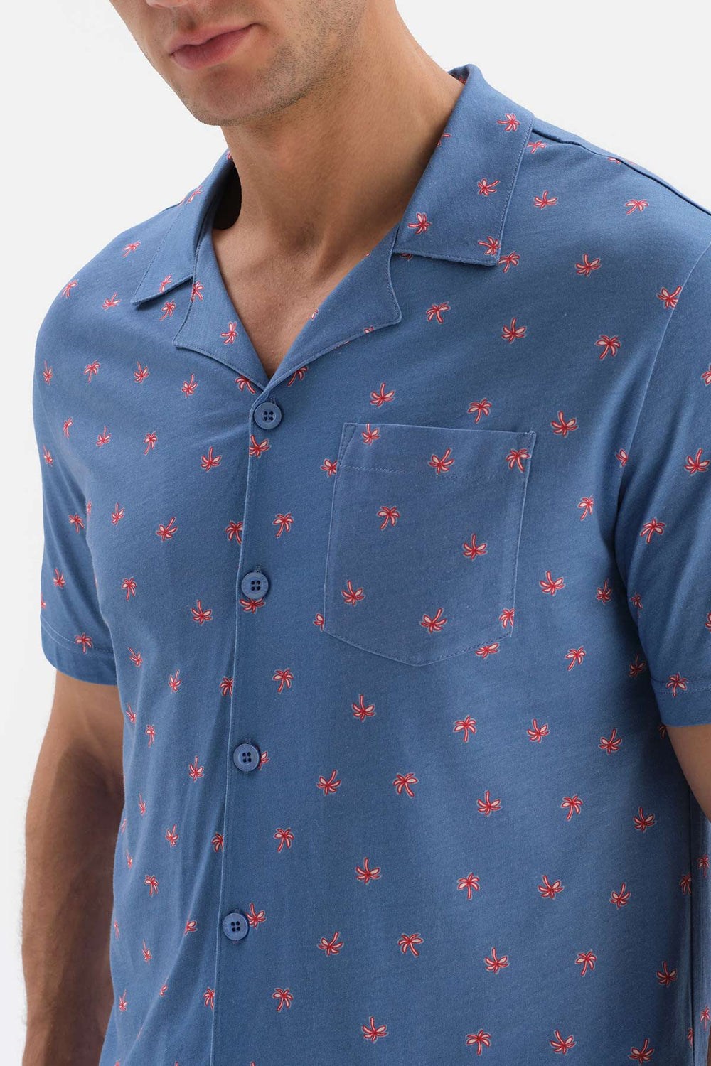 BLUE SHIRT COLLAR MICROPRINT PRINTED PAJAMAS SUIT