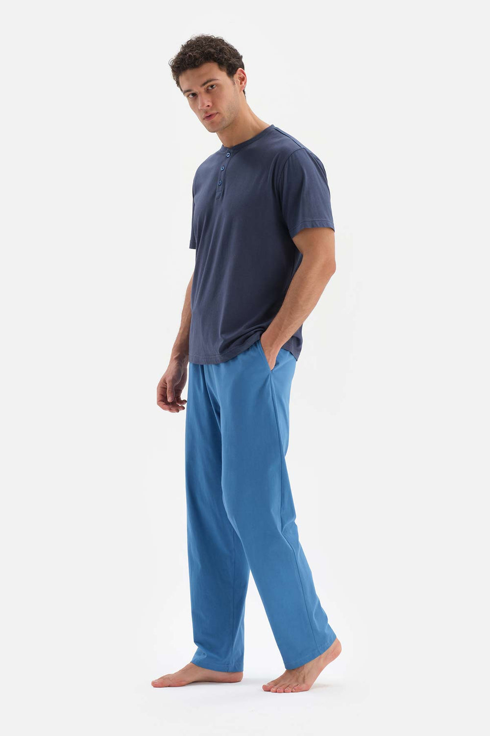 NAVY HALF-PLOT SHORT SLEEVE COTTON MODAL PAJAMAS SUIT