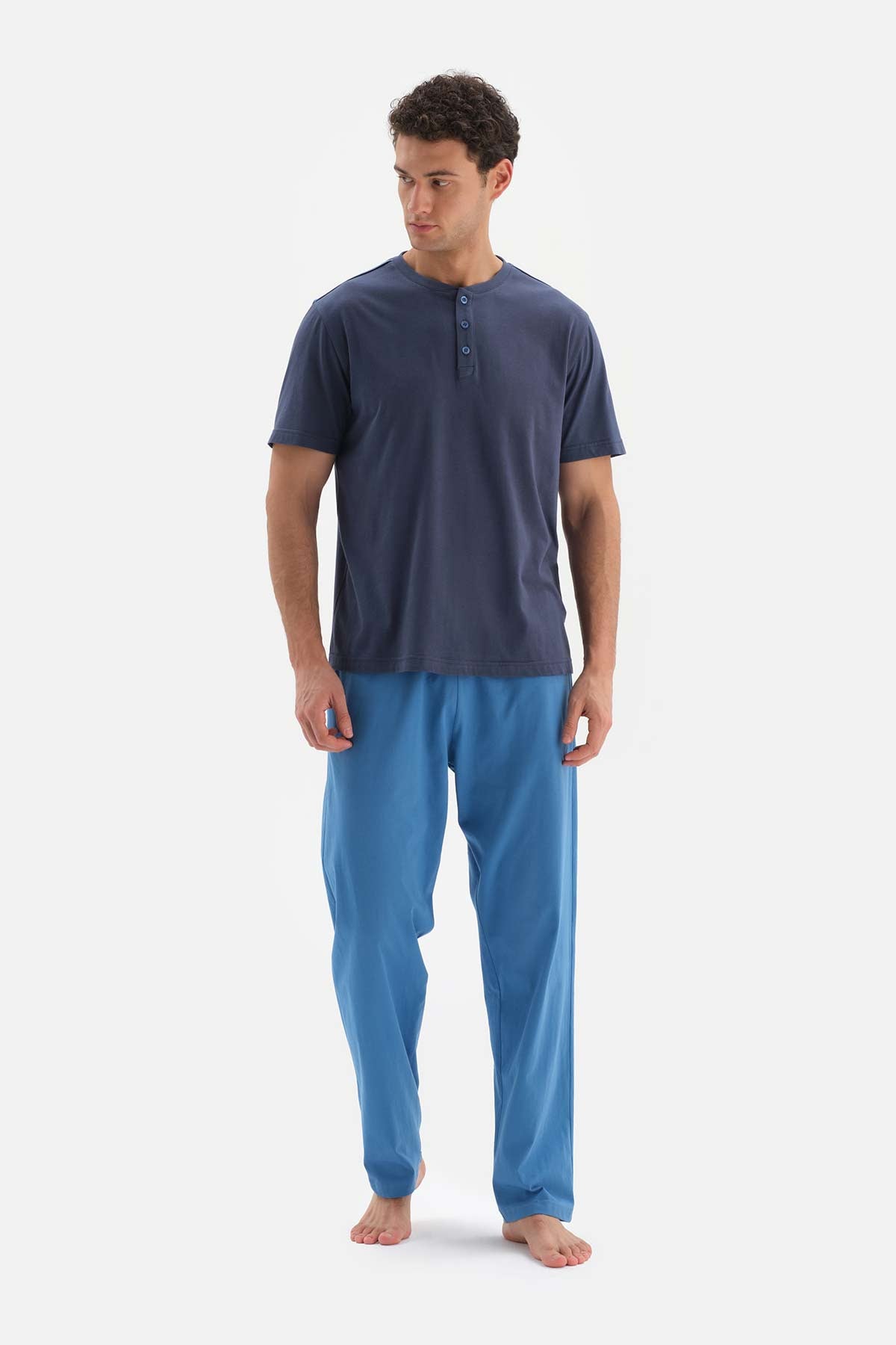 NAVY HALF-PLOT SHORT SLEEVE COTTON MODAL PAJAMAS SUIT