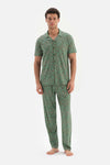 GREEN SHIRT COLLAR PRINTED COTTON MODAL PAJAMAS SUIT