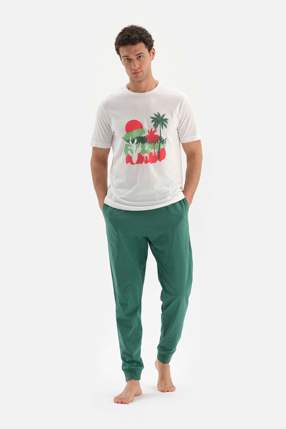 ECRU CREW-NECK PRINTED LONG KNITTED PAJAMAS SUIT