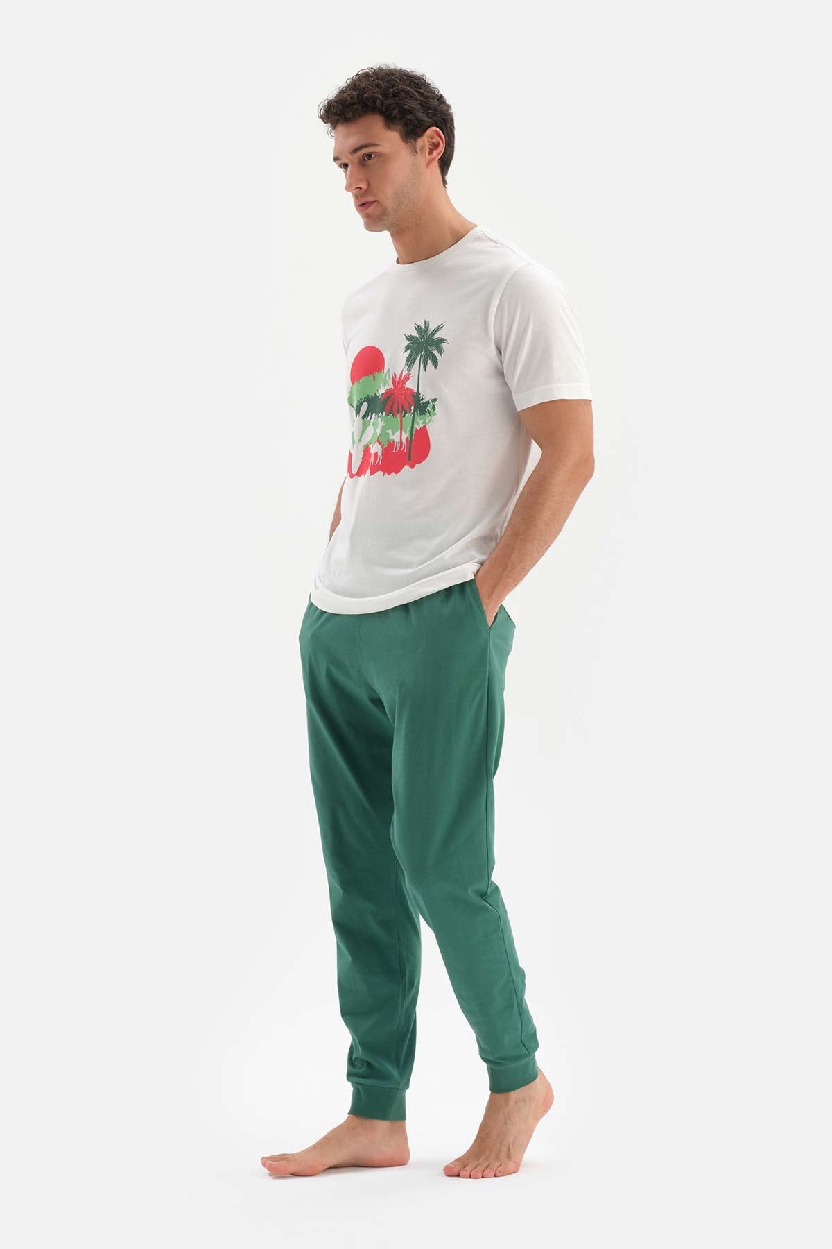ECRU CREW-NECK PRINTED LONG KNITTED PAJAMAS SUIT