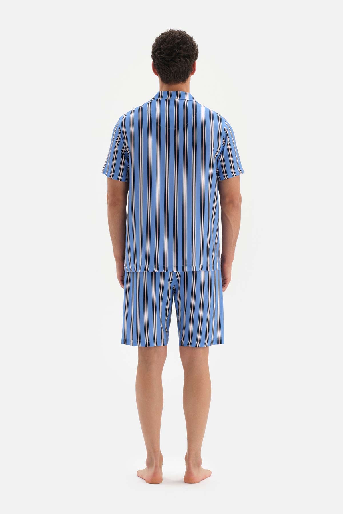 BLUE STRIPED WOVEN PAJAMAS SUIT WITH SHIRT COLLAR SHORTS