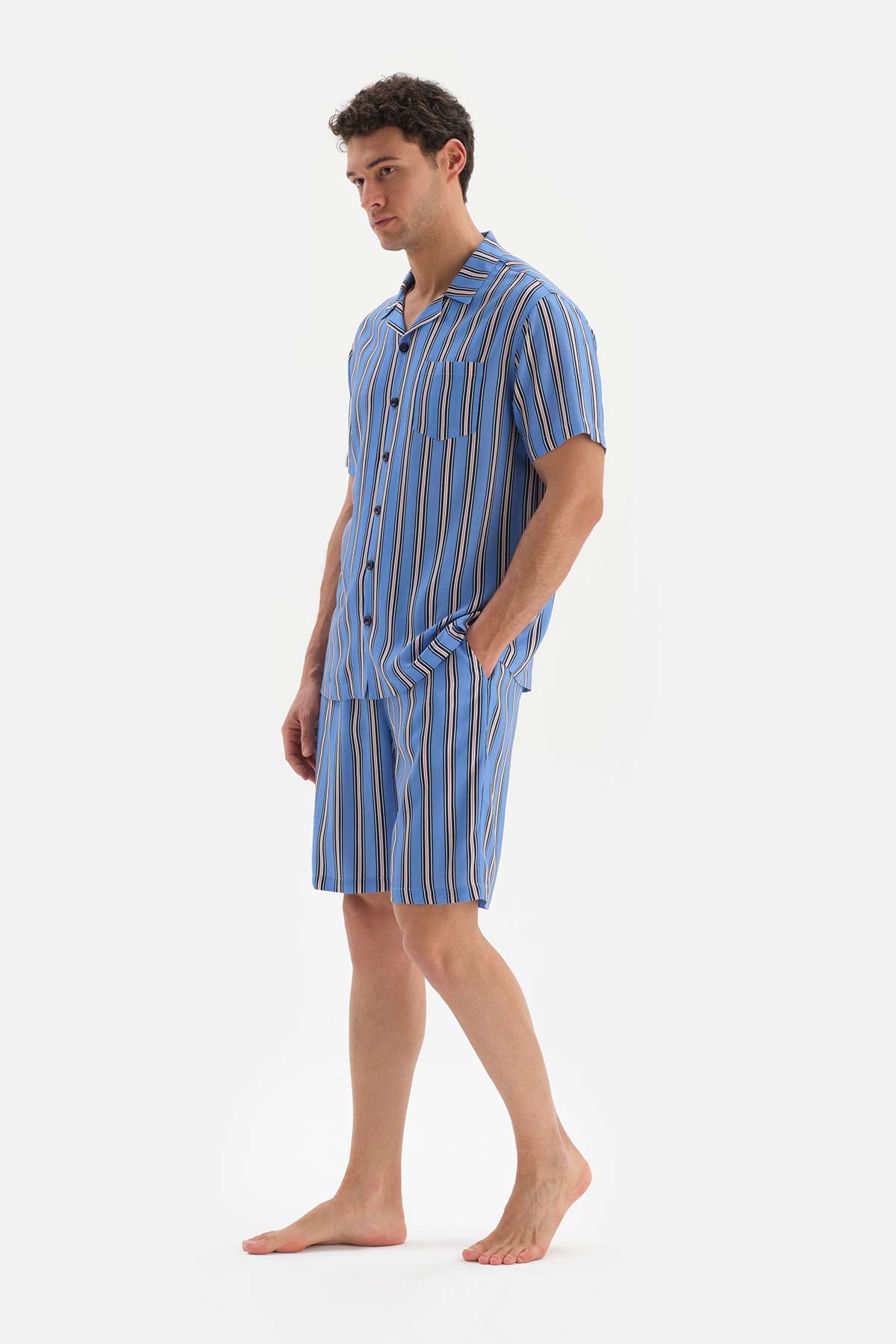 BLUE STRIPED WOVEN PAJAMAS SUIT WITH SHIRT COLLAR SHORTS