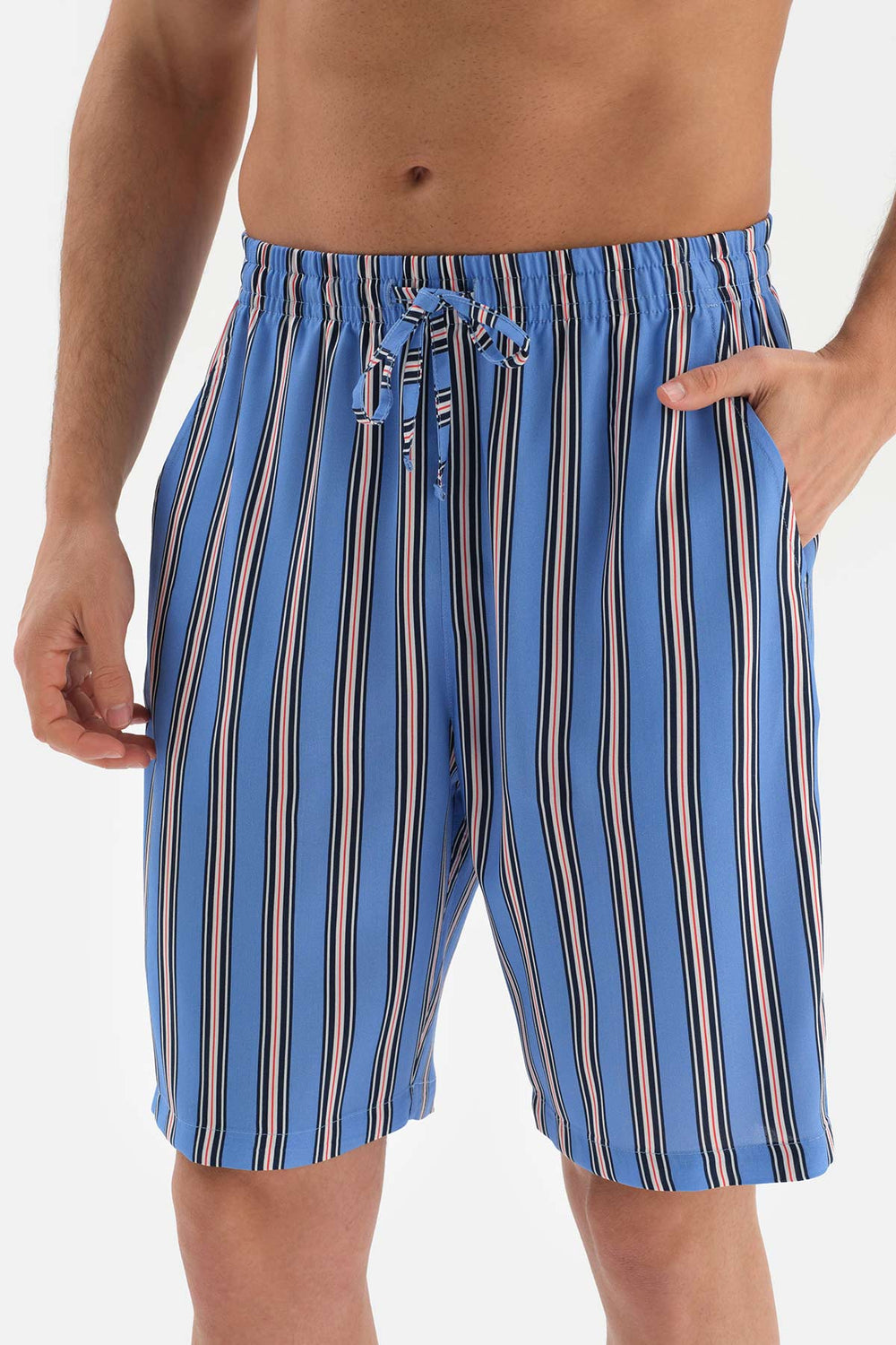 BLUE STRIPED WOVEN PAJAMAS SUIT WITH SHIRT COLLAR SHORTS