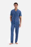 BLUE SHIRT COLLAR PRINTED COTTON MODAL PAJAMAS SUIT