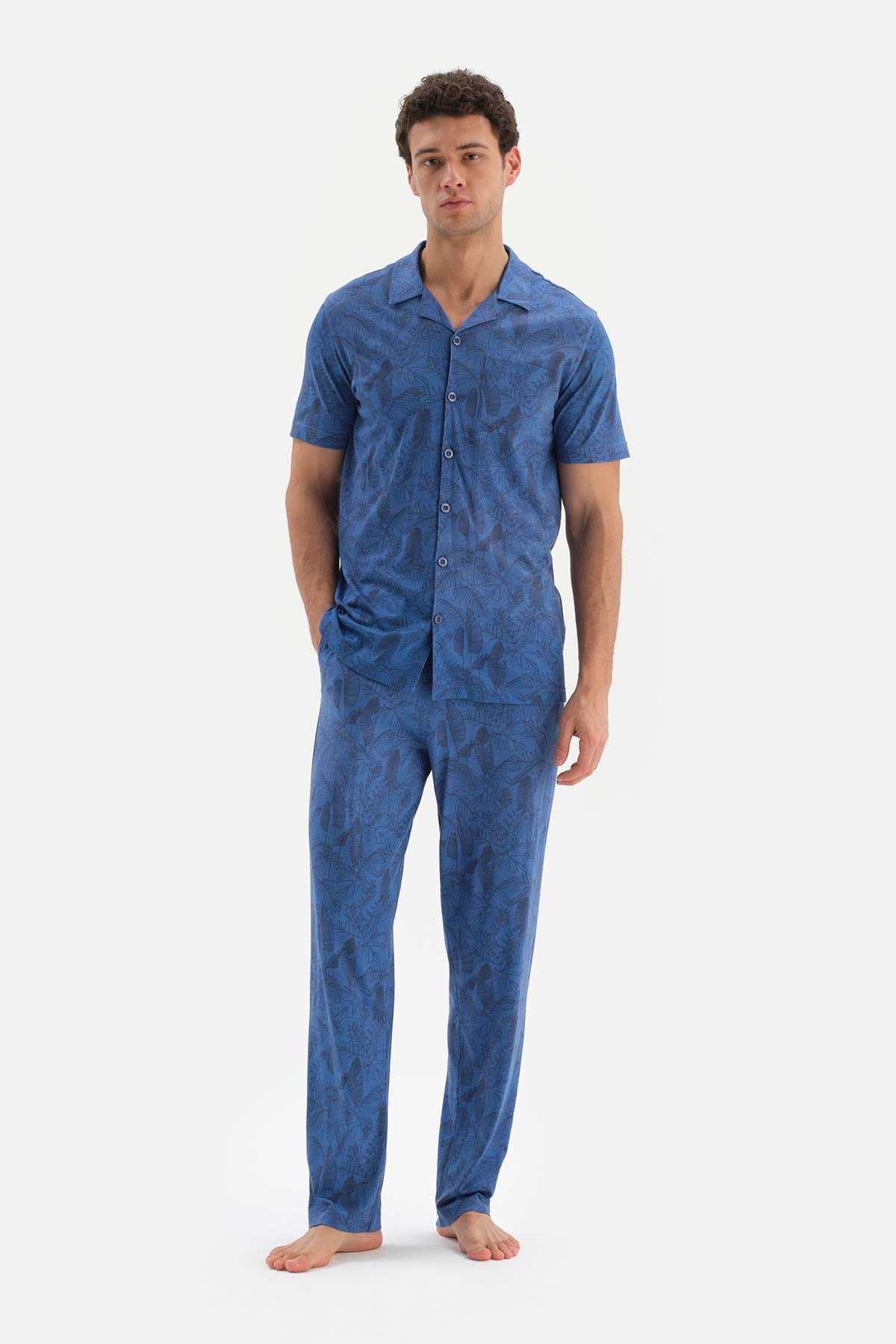 BLUE SHIRT COLLAR PRINTED COTTON MODAL PAJAMAS SUIT
