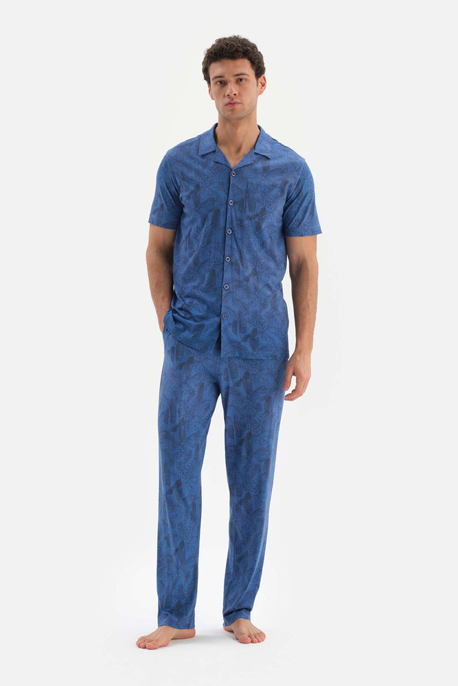 BLUE SHIRT COLLAR PRINTED COTTON MODAL PAJAMAS SUIT