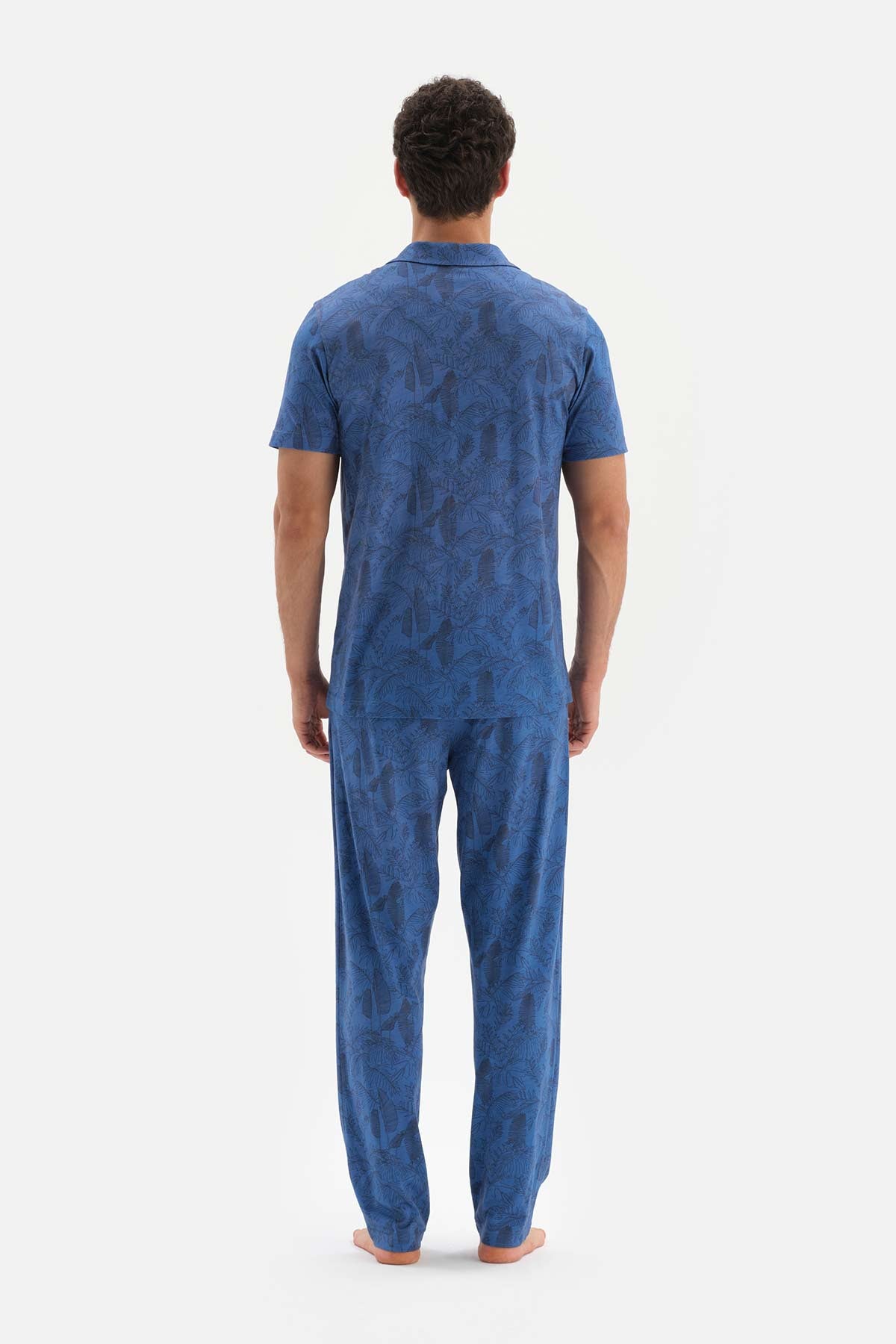 BLUE SHIRT COLLAR PRINTED COTTON MODAL PAJAMAS SUIT