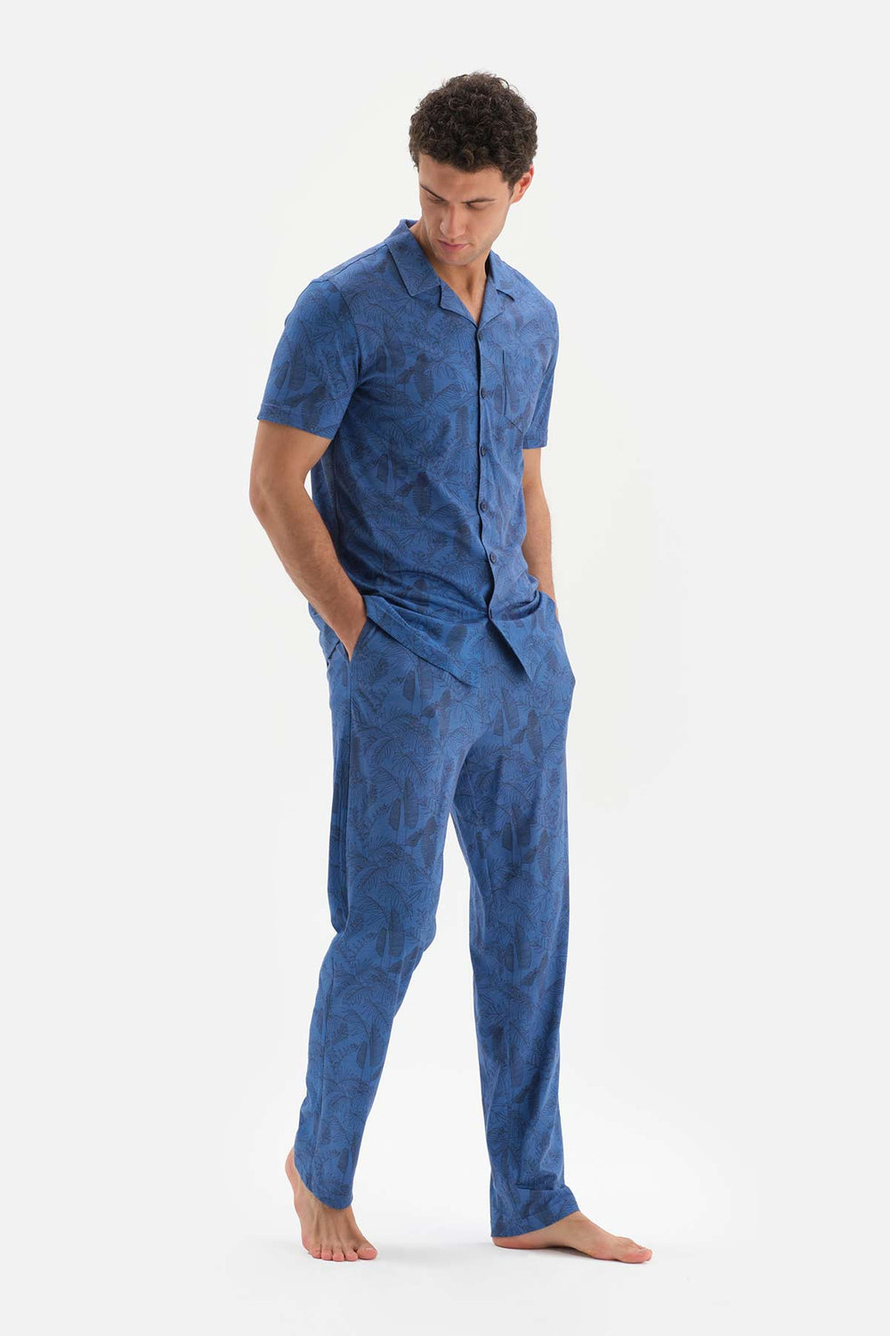 BLUE SHIRT COLLAR PRINTED COTTON MODAL PAJAMAS SUIT