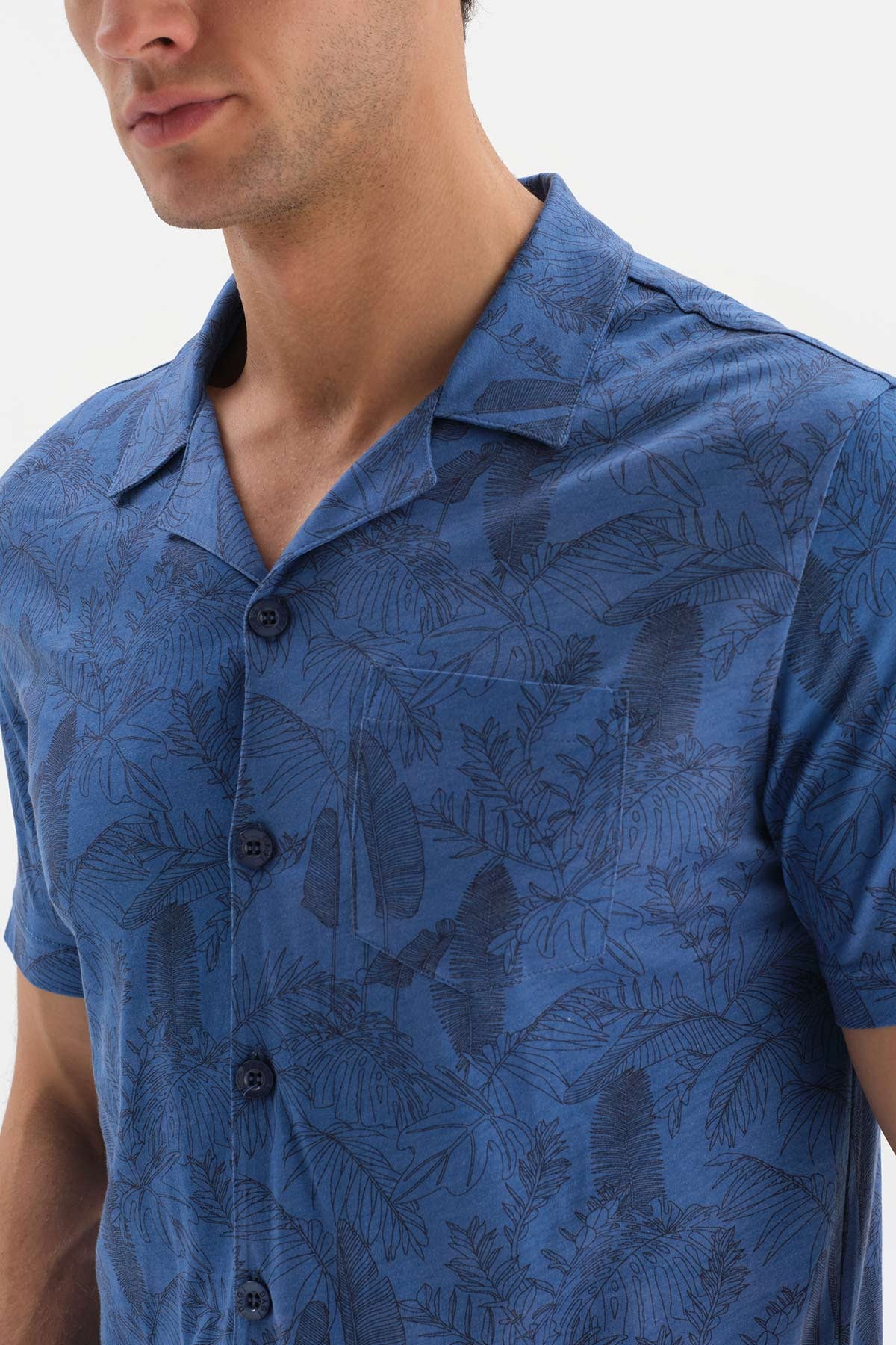 BLUE SHIRT COLLAR PRINTED COTTON MODAL PAJAMAS SUIT