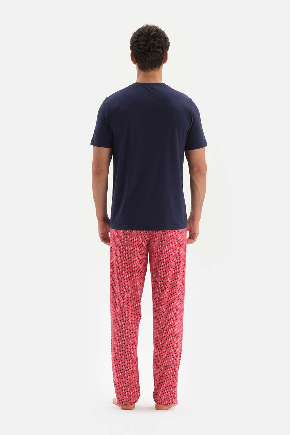 Lacivert Yarım Patlı Altı Metraj Baskılı Örme Pijama Takımı