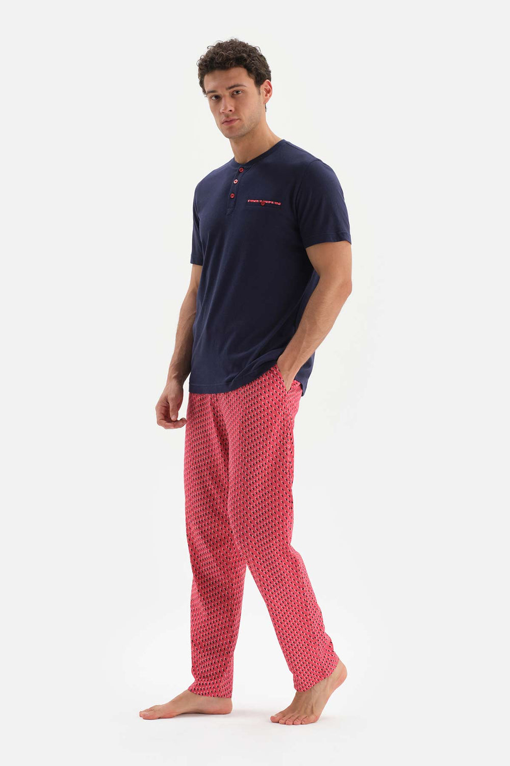 Lacivert Yarım Patlı Altı Metraj Baskılı Örme Pijama Takımı