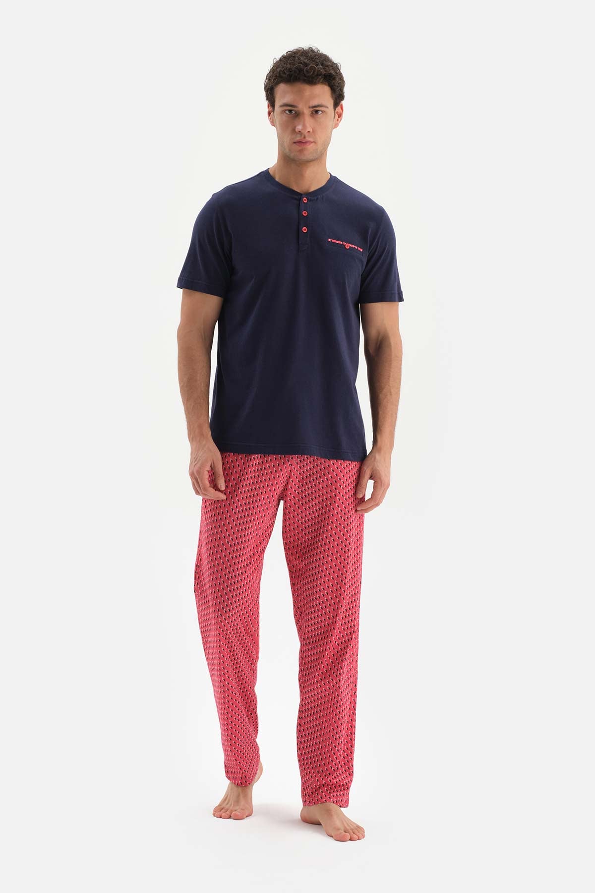 Lacivert Yarım Patlı Altı Metraj Baskılı Örme Pijama Takımı