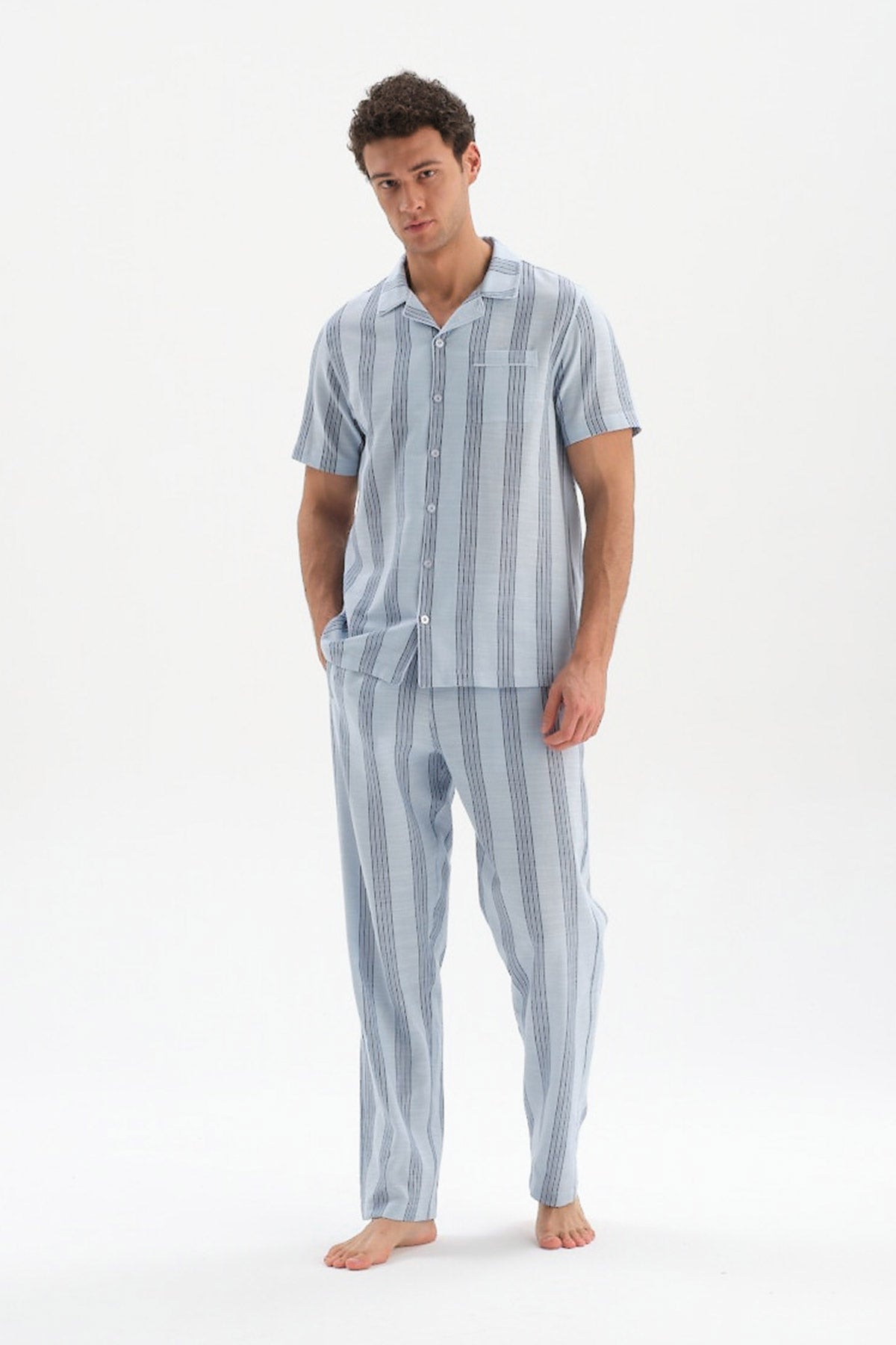LIGHT BLUE WOVEN STRIPED PANTS