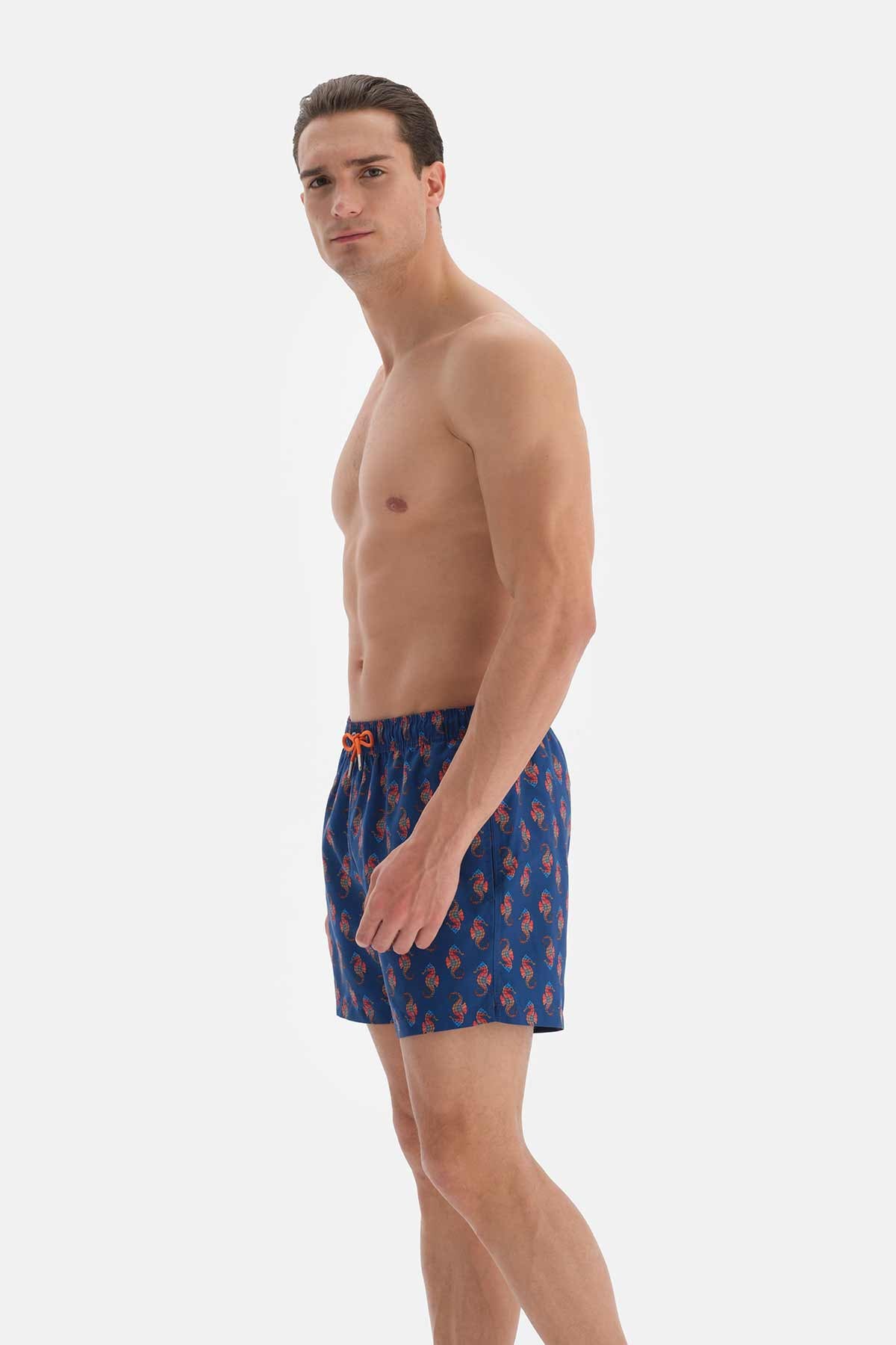Lacivert Deniz Atı Desenli Kısa Deniz Şortu