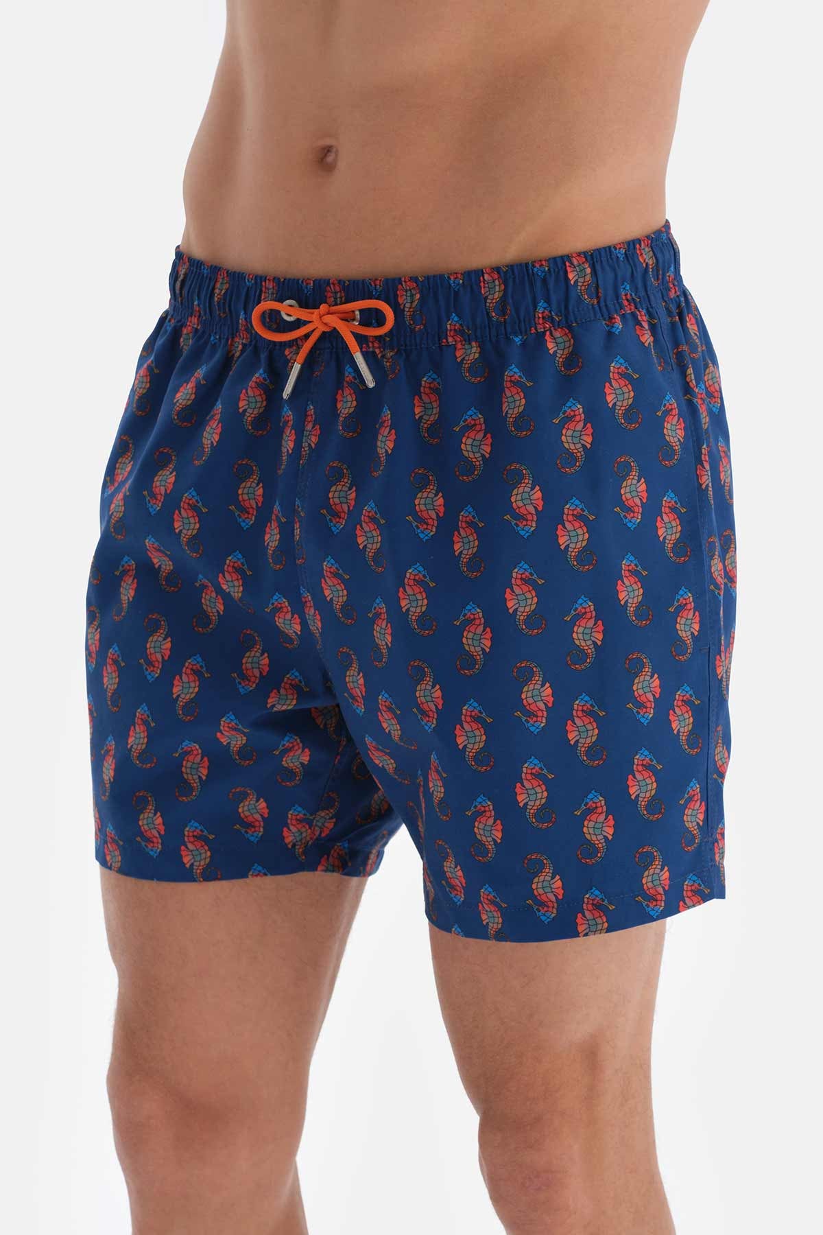 Lacivert Deniz Atı Desenli Kısa Deniz Şortu