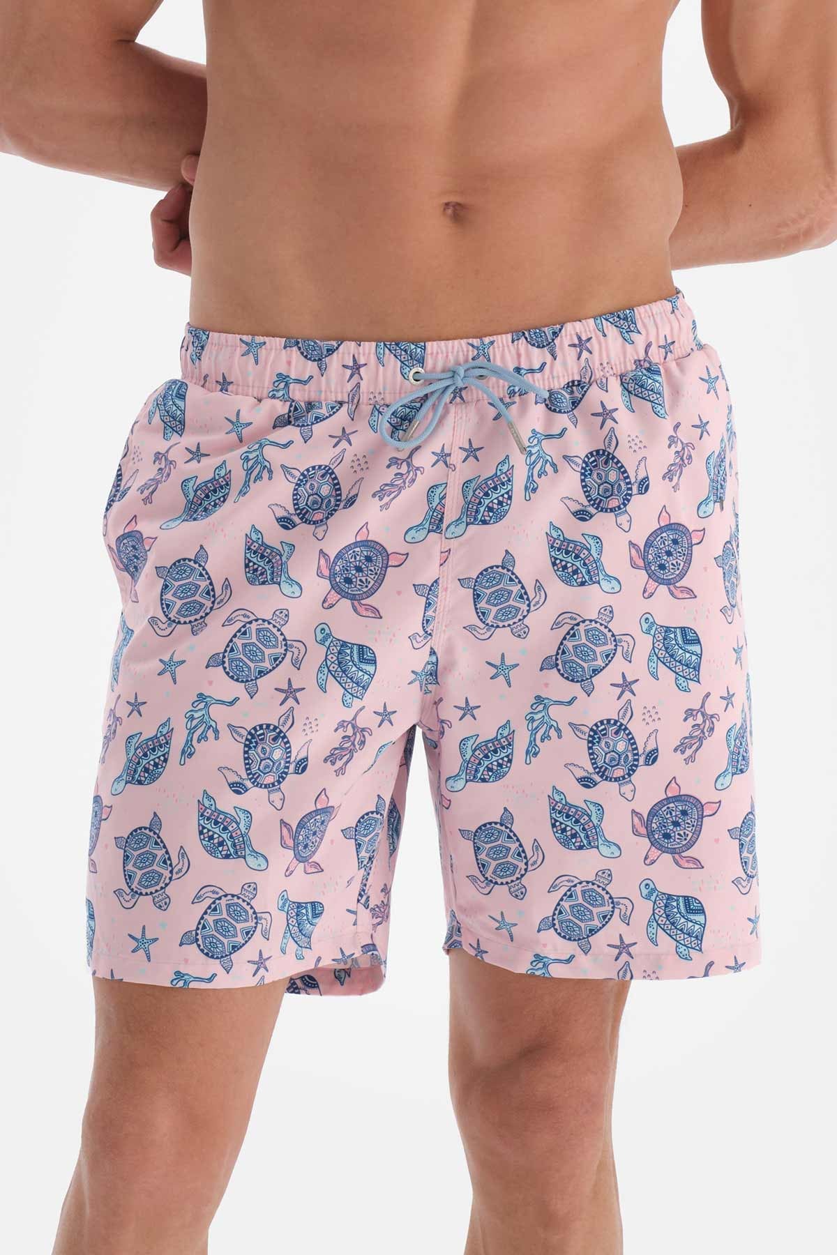 Pembe Caretta Desenli Orta Deniz Şortu