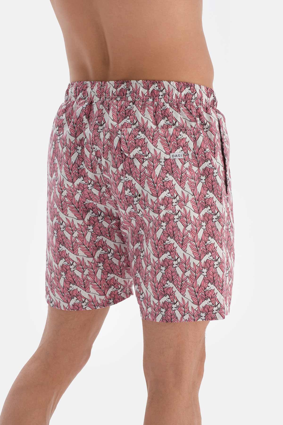 Pembe - Ekru Zürafa Desenli Orta Deniz Şortu