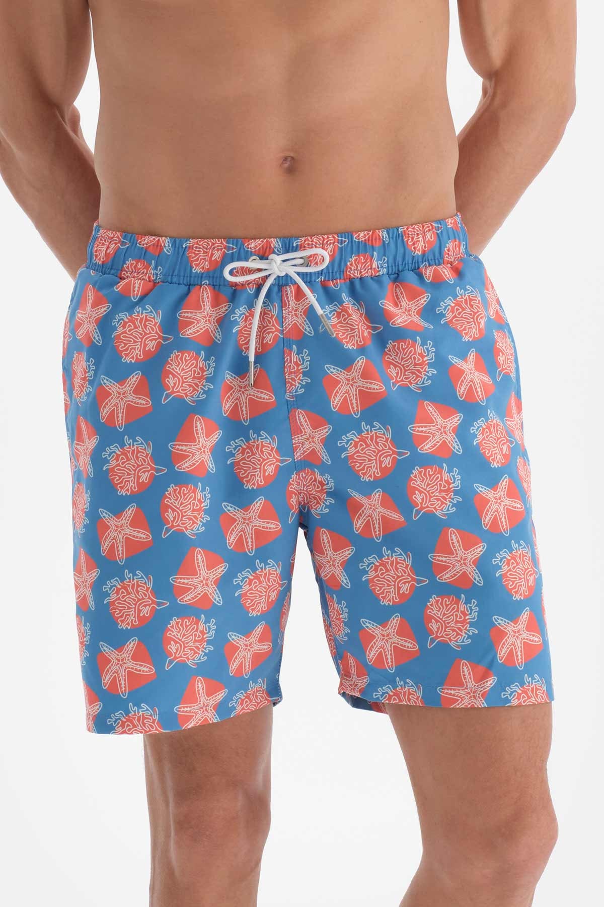 Mavi-Somon Desenli Orta Deniz Şortu