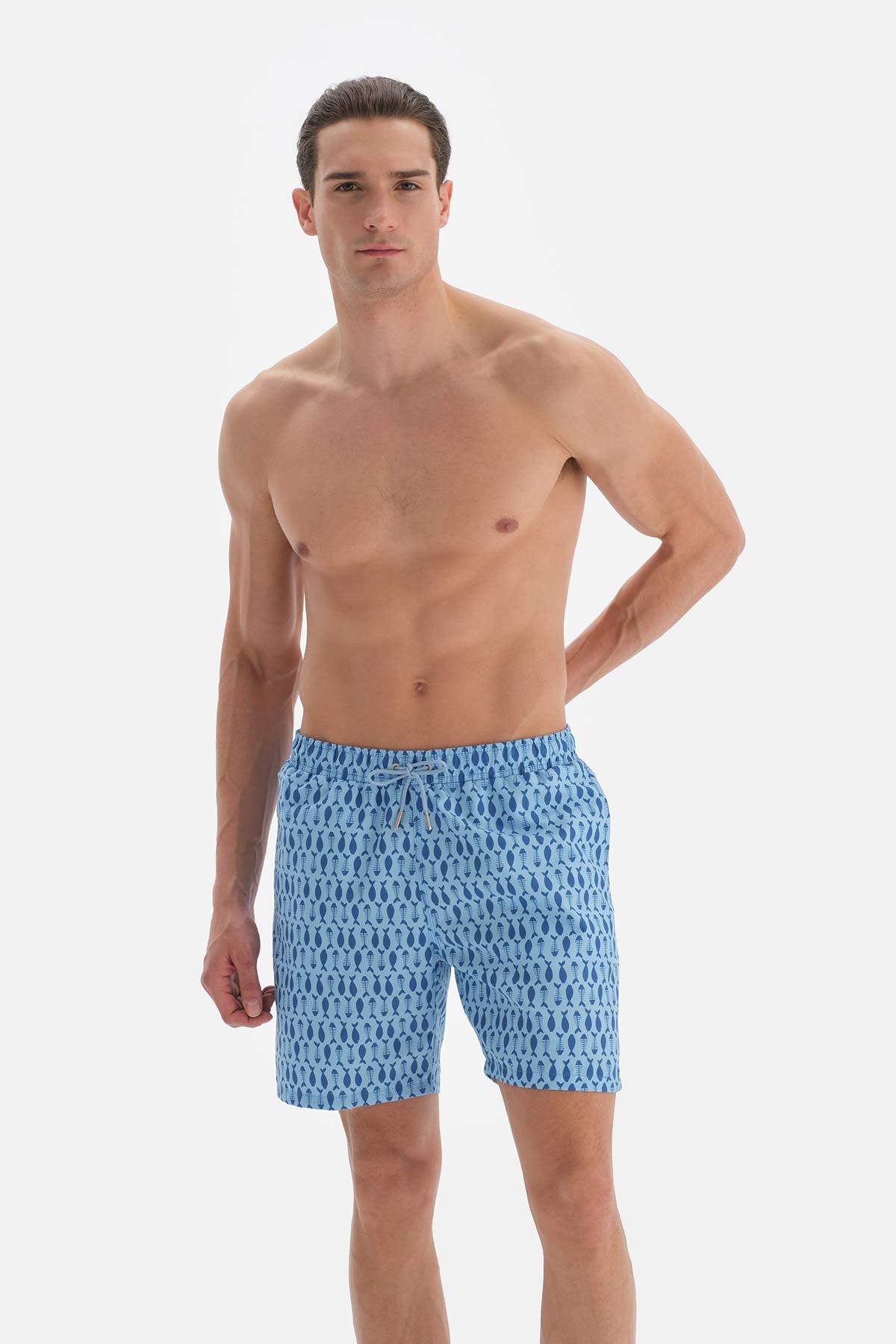 Mavi Kılçık Balık Desenli Orta Deniz Şortu