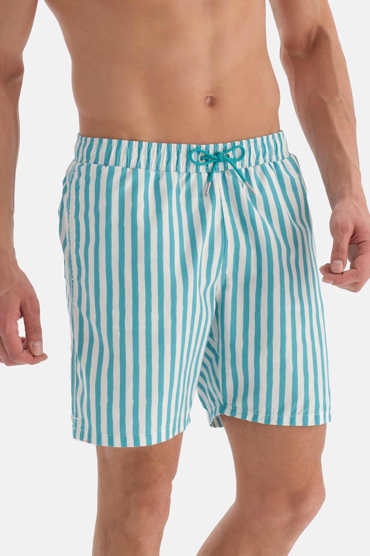 Yeşil-Beyaz Çizgili Orta Deniz Şortu