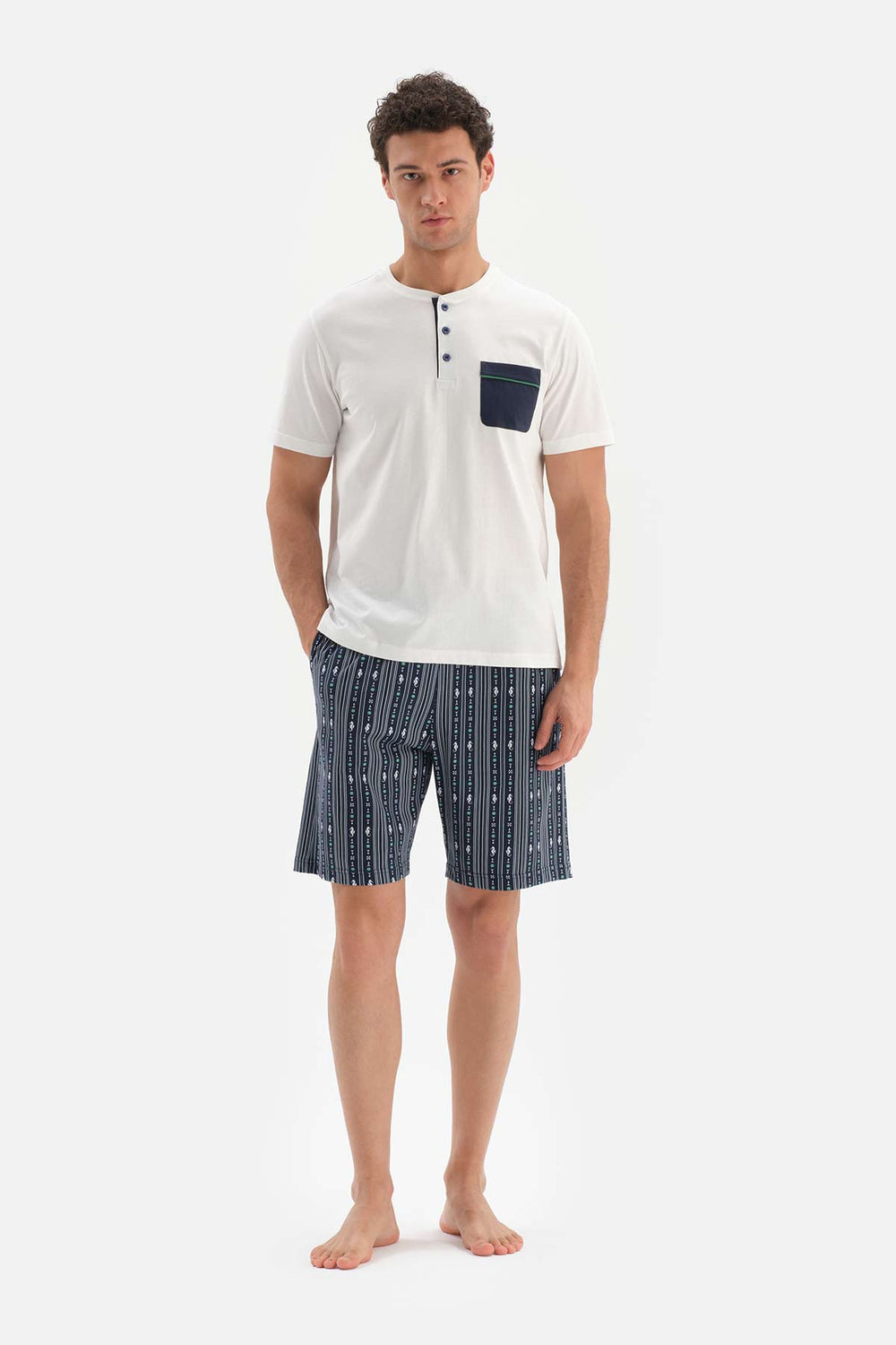 WHITE HALF-PLOT SHORT SLEEVE KNITTED PAJAMAS