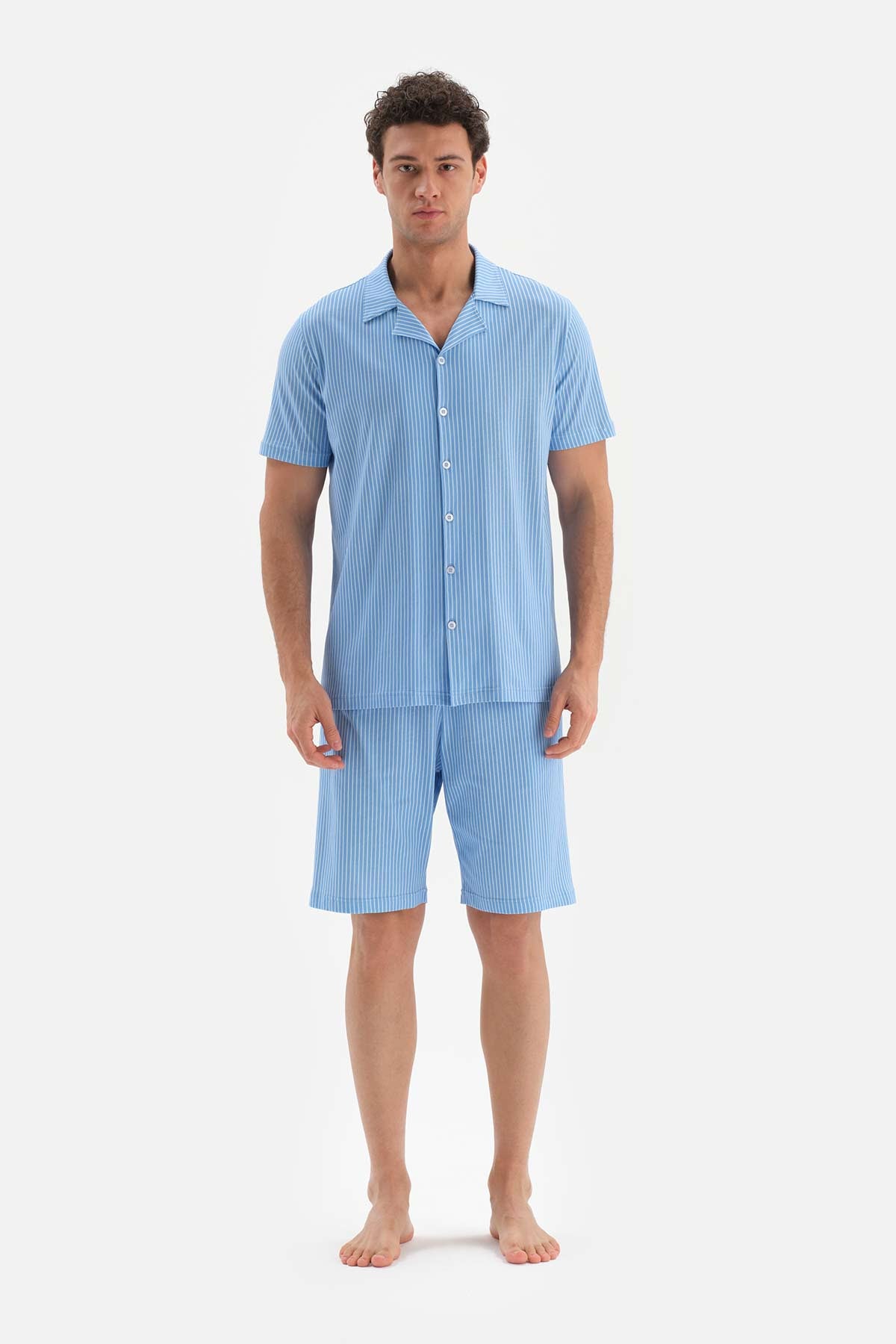 BLUE SHIRT COLLAR PRINTED SHORTS PAJAMAS