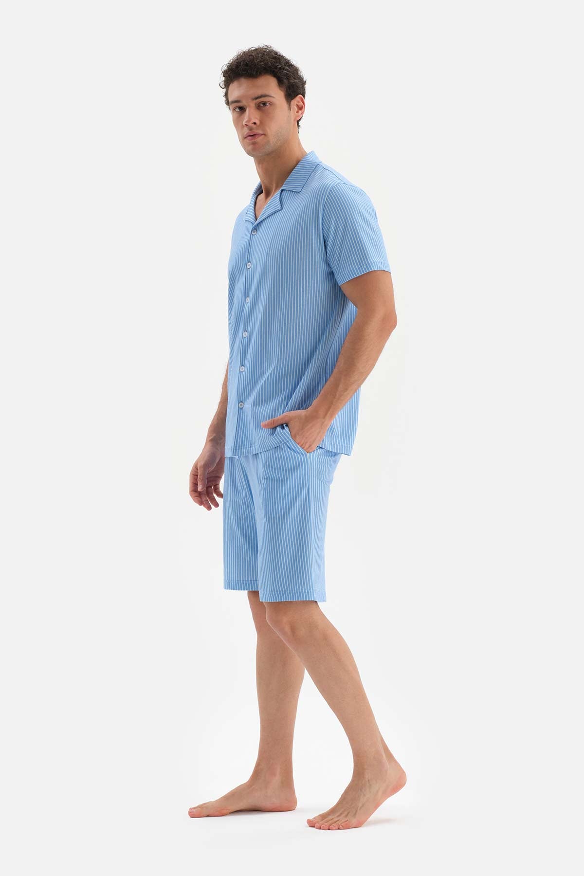 BLUE SHIRT COLLAR PRINTED SHORTS PAJAMAS