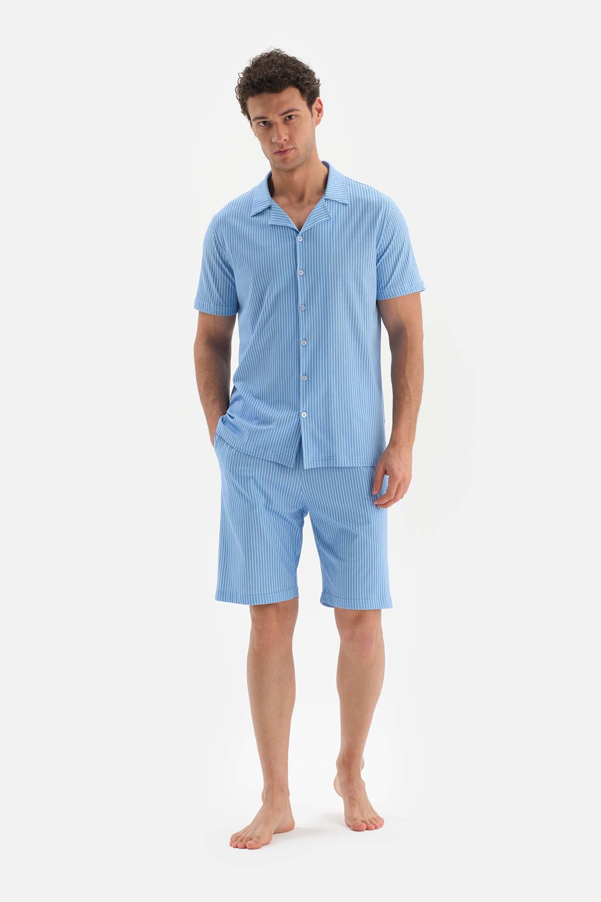 BLUE SHIRT COLLAR PRINTED SHORTS PAJAMAS