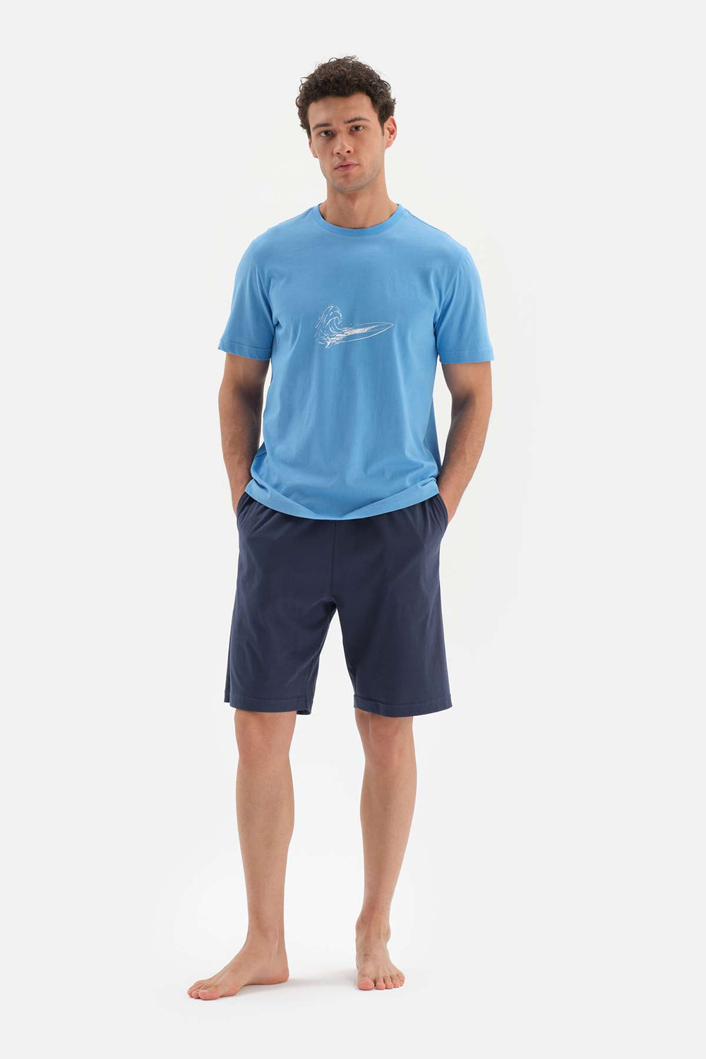 BLUE CREW-NECK EMBOSSED PRINTED SHORTS PAJAMAS