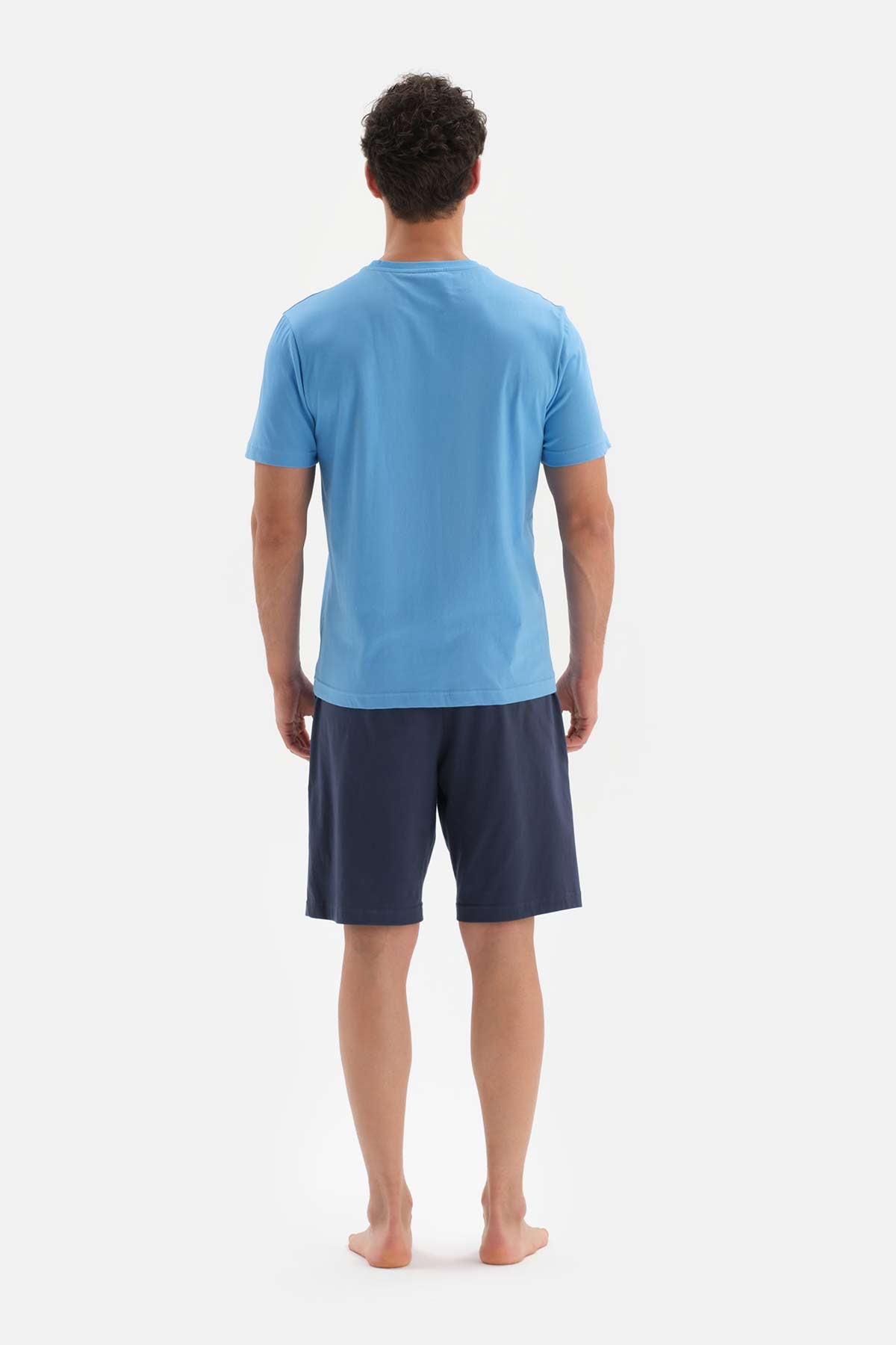 BLUE CREW-NECK EMBOSSED PRINTED SHORTS PAJAMAS