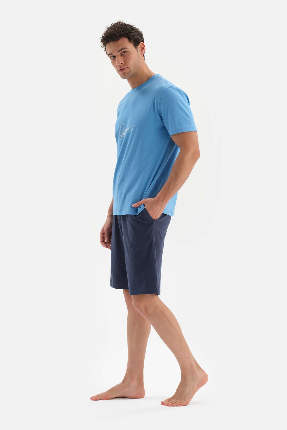 BLUE CREW-NECK EMBOSSED PRINTED SHORTS PAJAMAS