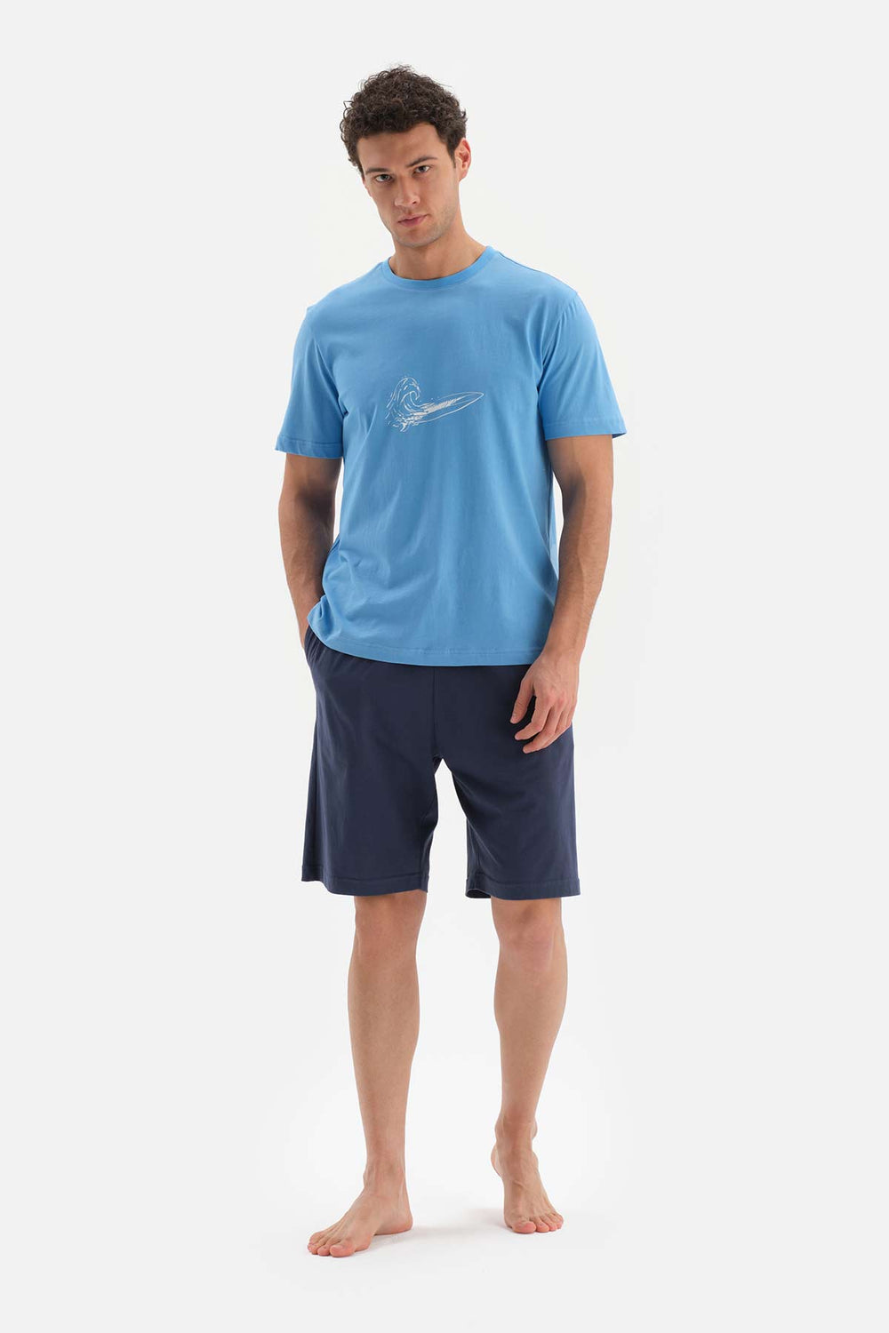 BLUE CREW-NECK EMBOSSED PRINTED SHORTS PAJAMAS