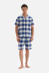 NAVY SHIRT COLLAR PLAID WOVEN PAJAMAS