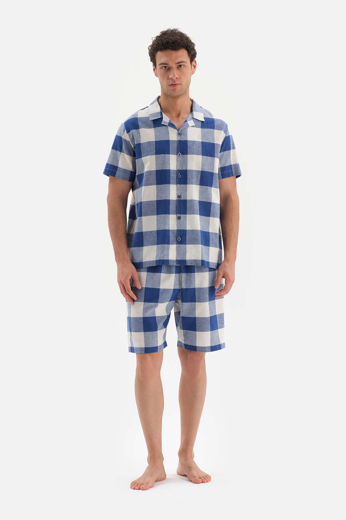 NAVY SHIRT COLLAR PLAID WOVEN PAJAMAS